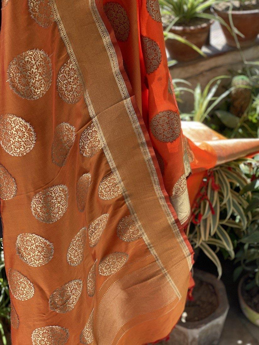 Vibrant Orange Handloom Banarasi Silk Dupatta: Elevate Your Party and Wedding Attire by Shades Of Benares - banarasi - banarasi saree shop