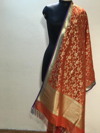 Vibrant Orange Handloom Banarasi Silk Dupatta by Shades Of Benares - banarasi - banarasi saree shop