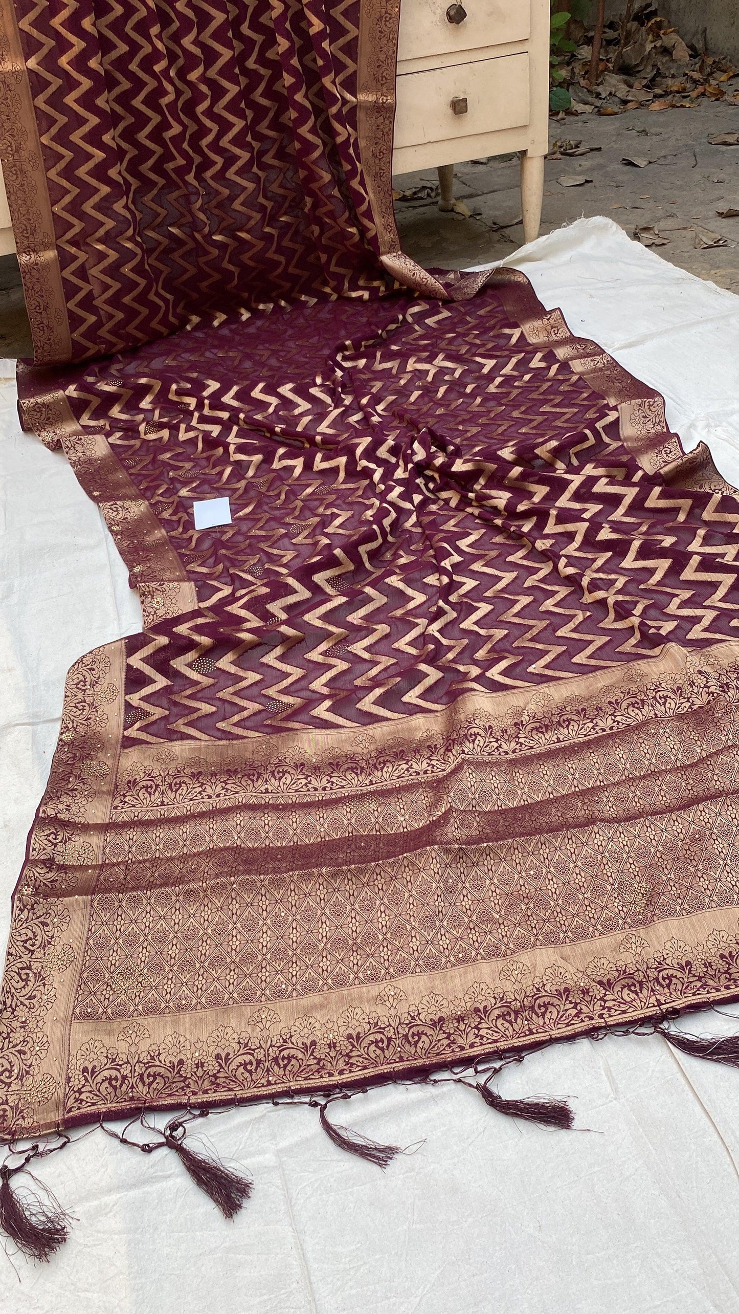 Wine Handloom Pure Chiffon Banarasi Saree by Shades Of Benares - banarasi - banarasi saree shop