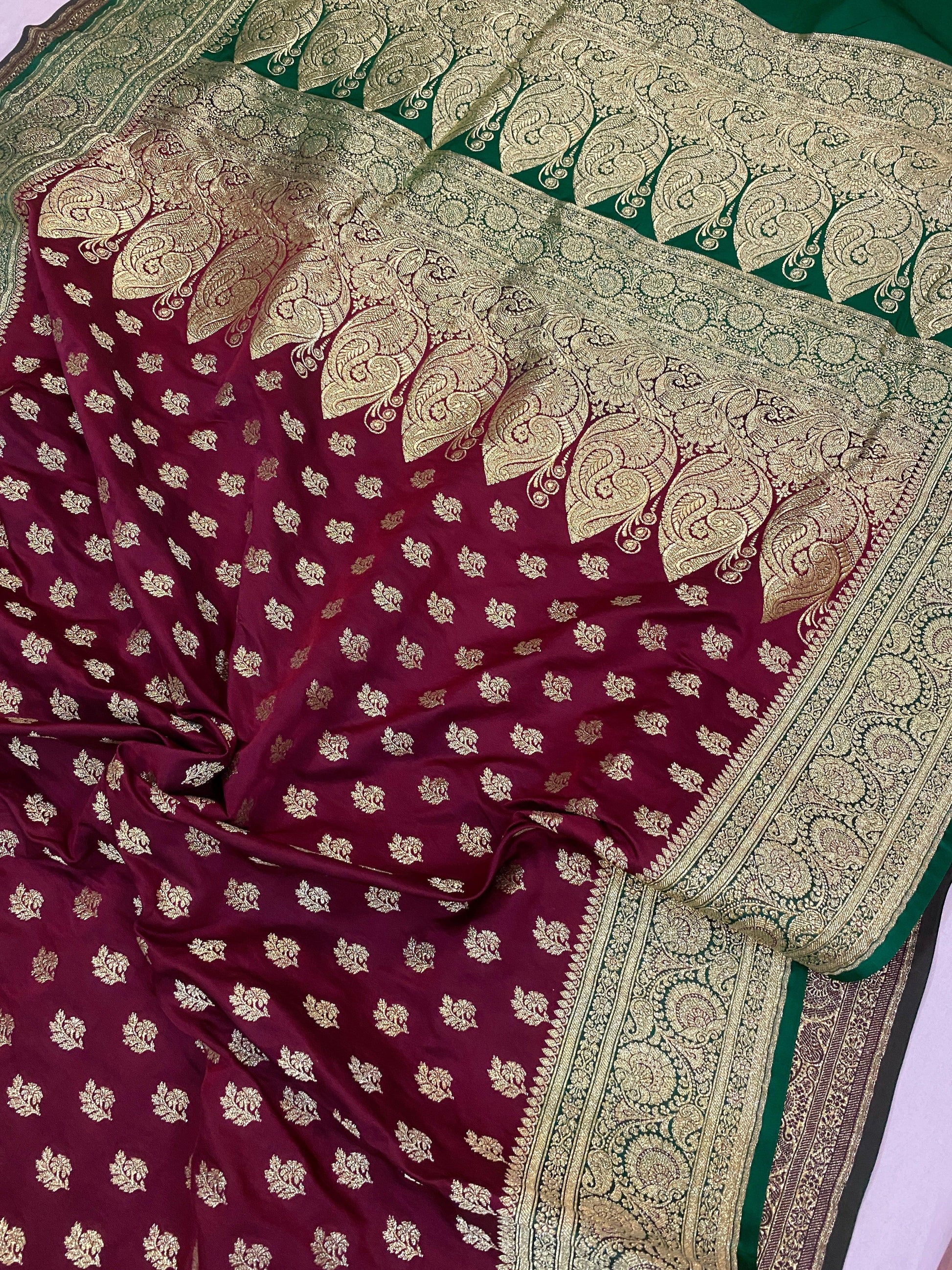 Wine Handloom Pure Satin Silk Banarasi Saree by Shades Of Benares - banarasi - banarasi saree shop