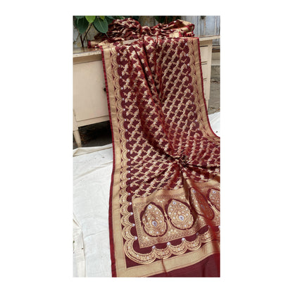 Wine Handwoven Banarasi Katan Silk Sari by Shades Of Benares - banarasi - banarasi saree shop