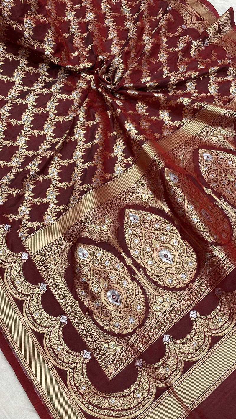 Wine Handwoven Banarasi Katan Silk Sari by Shades Of Benares - banarasi - banarasi saree shop