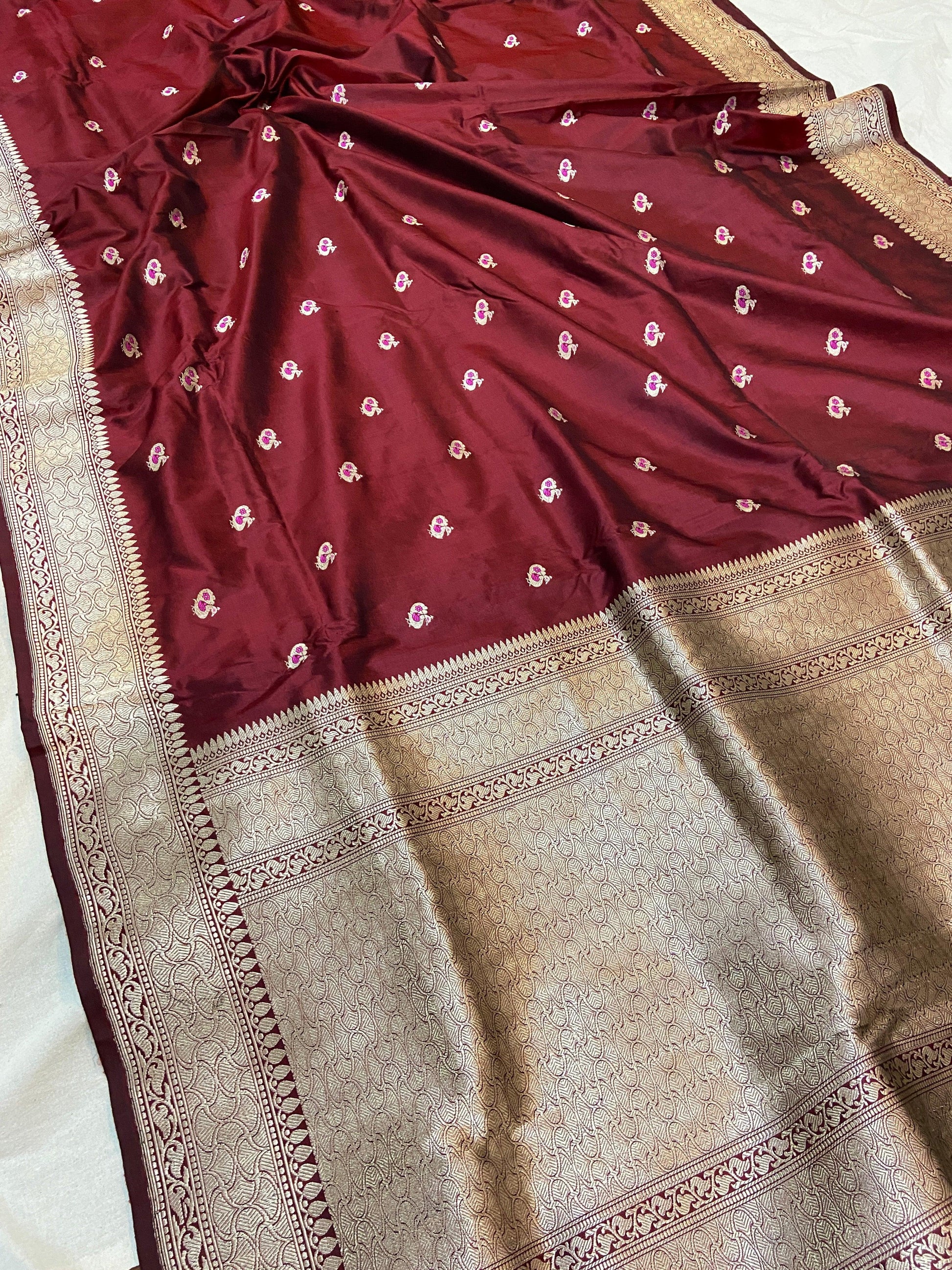 Wine Pure Banarasi Katan Silk Handloom Saree- Kadhwa Figures by Shades Of Benares - banarasi - banarasi saree shop