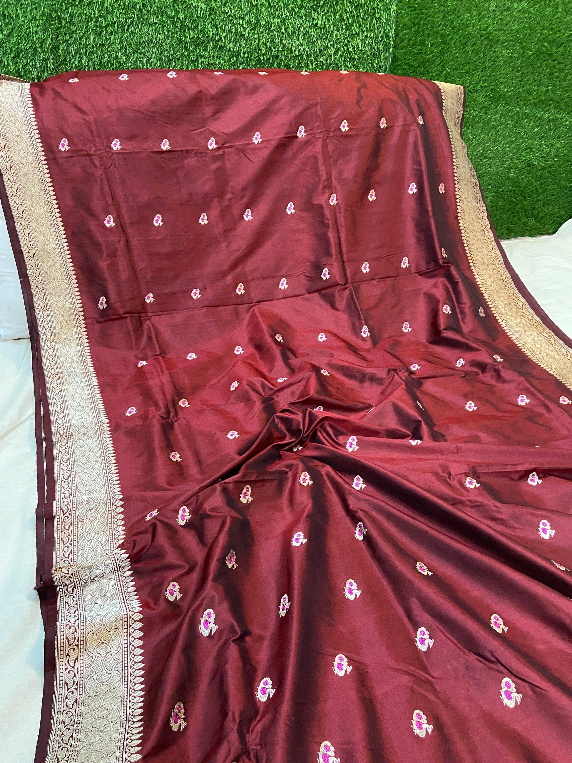 Wine Pure Banarasi Katan Silk Handloom Saree- Kadhwa Figures by Shades Of Benares - banarasi - banarasi saree shop