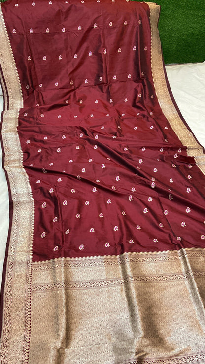 Wine Pure Banarasi Katan Silk Handloom Saree- Kadhwa Figures by Shades Of Benares - banarasi - banarasi saree shop