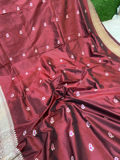 Wine Pure Banarasi Katan Silk Handloom Saree- Kadhwa Figures by Shades Of Benares - banarasi - banarasi saree shop