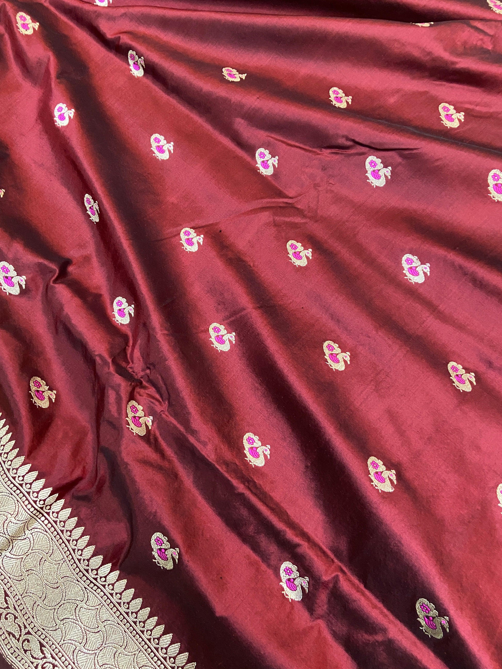 Wine Pure Banarasi Katan Silk Handloom Saree- Kadhwa Figures by Shades Of Benares - banarasi - banarasi saree shop