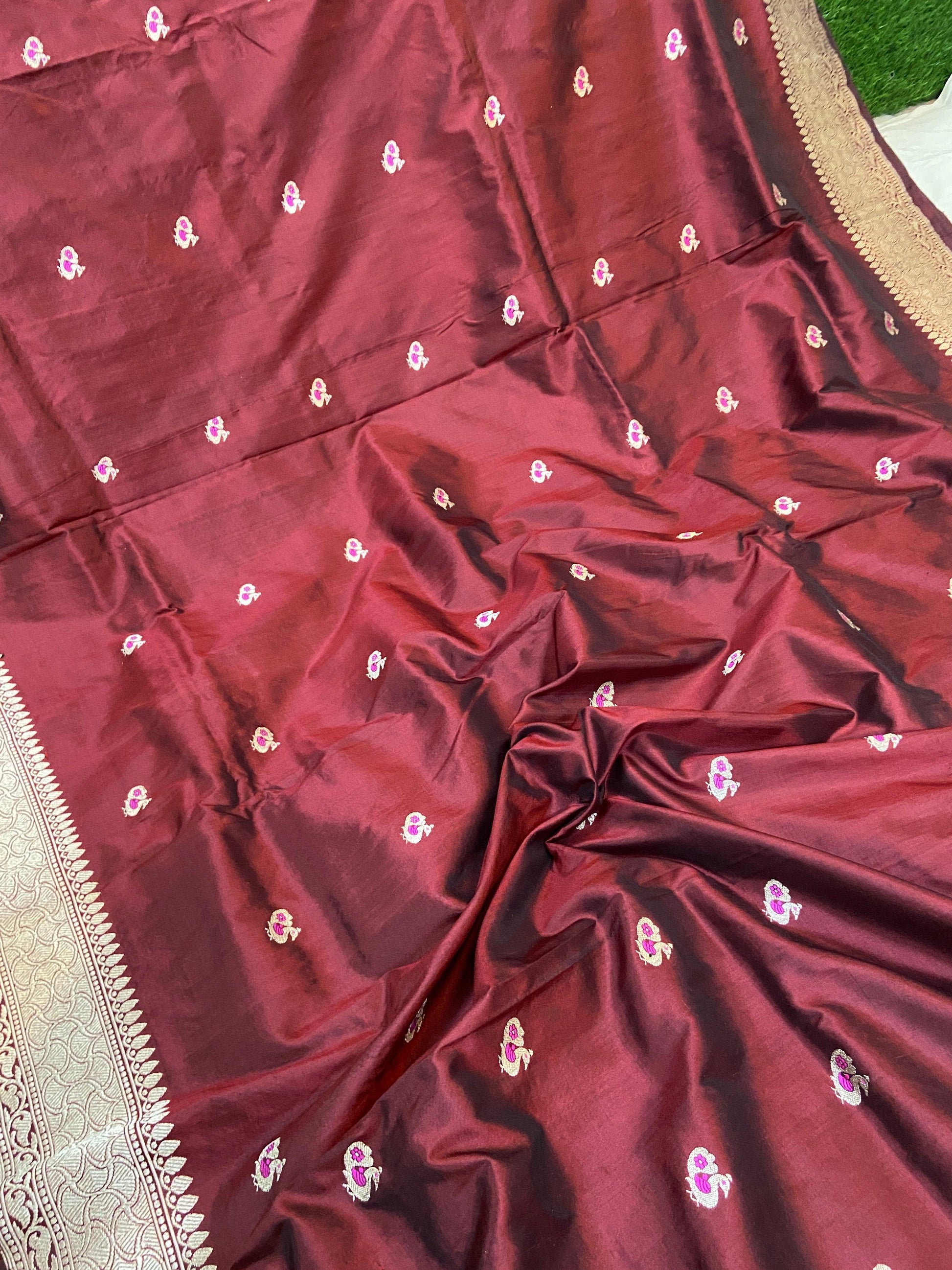 Wine Pure Banarasi Katan Silk Handloom Saree- Kadhwa Figures by Shades Of Benares - banarasi - banarasi saree shop