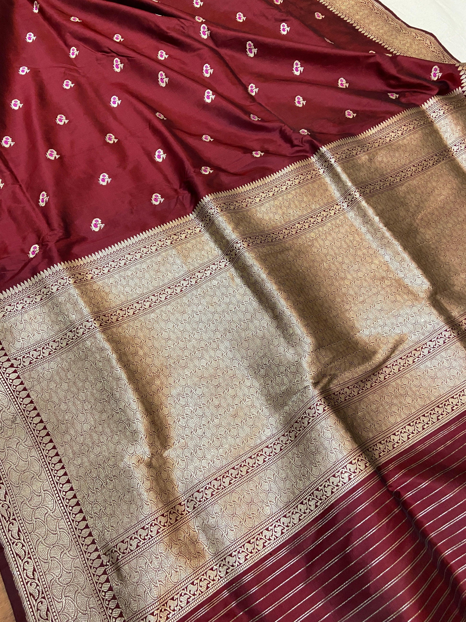 Wine Pure Banarasi Katan Silk Handloom Saree- Kadhwa Figures by Shades Of Benares - banarasi - banarasi saree shop