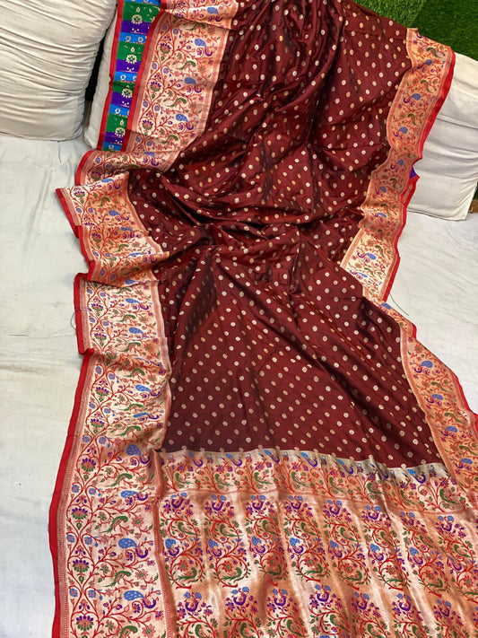 Wine Pure Banarasi Katan Silk Handloom Saree- Kadhwa Paithani by Shades Of Benares - banarasi - banarasi saree shop