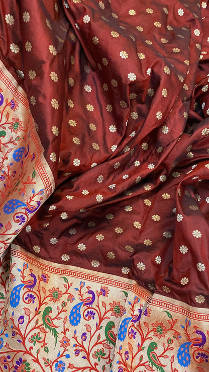 Wine Pure Banarasi Katan Silk Handloom Saree- Kadhwa Paithani by Shades Of Benares - banarasi - banarasi saree shop