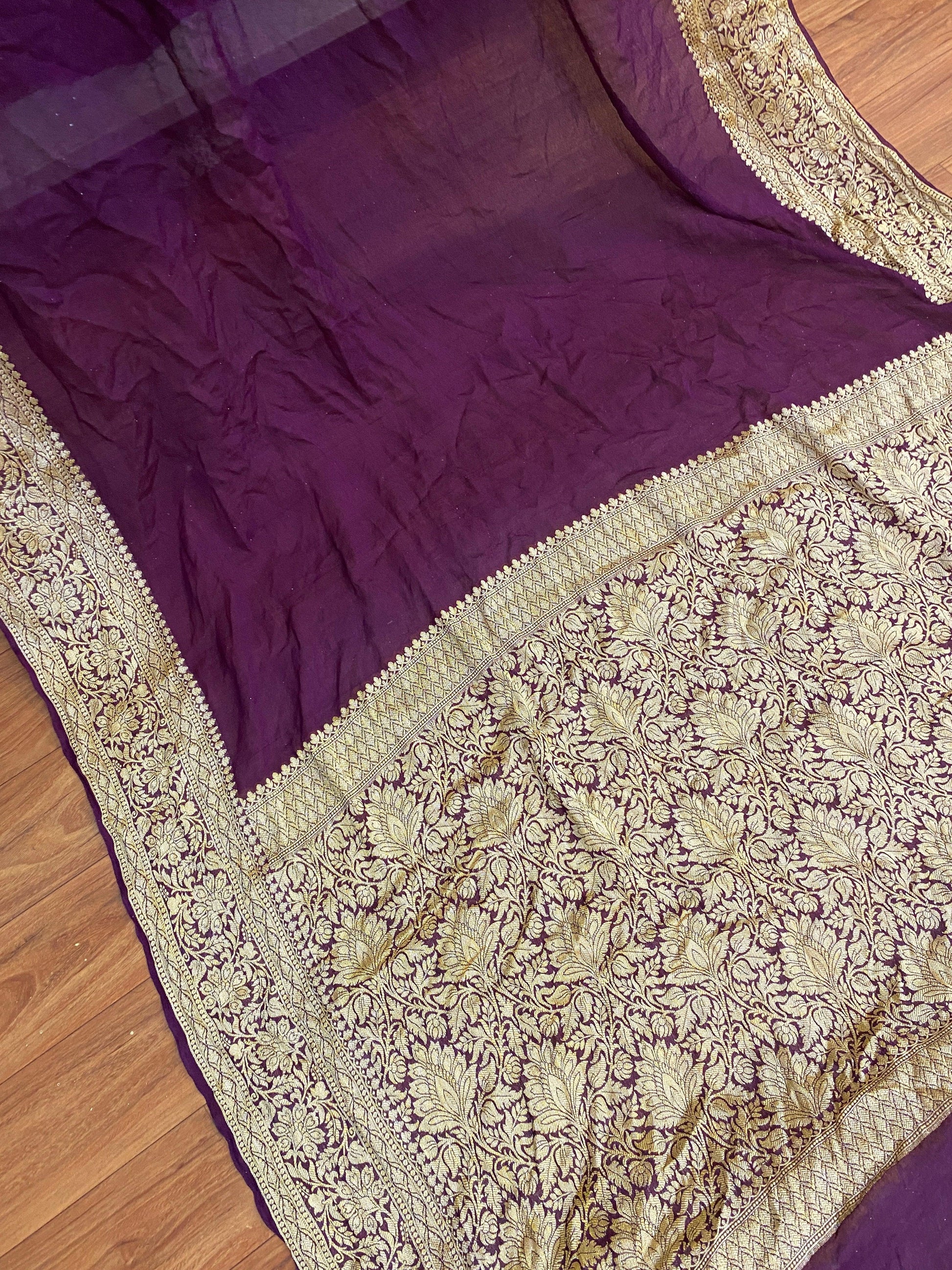 Wine Pure Banarasi Khaddi Chiffon Georgette Handloom Saree by Shades Of Benares - banarasi - banarasi saree shop