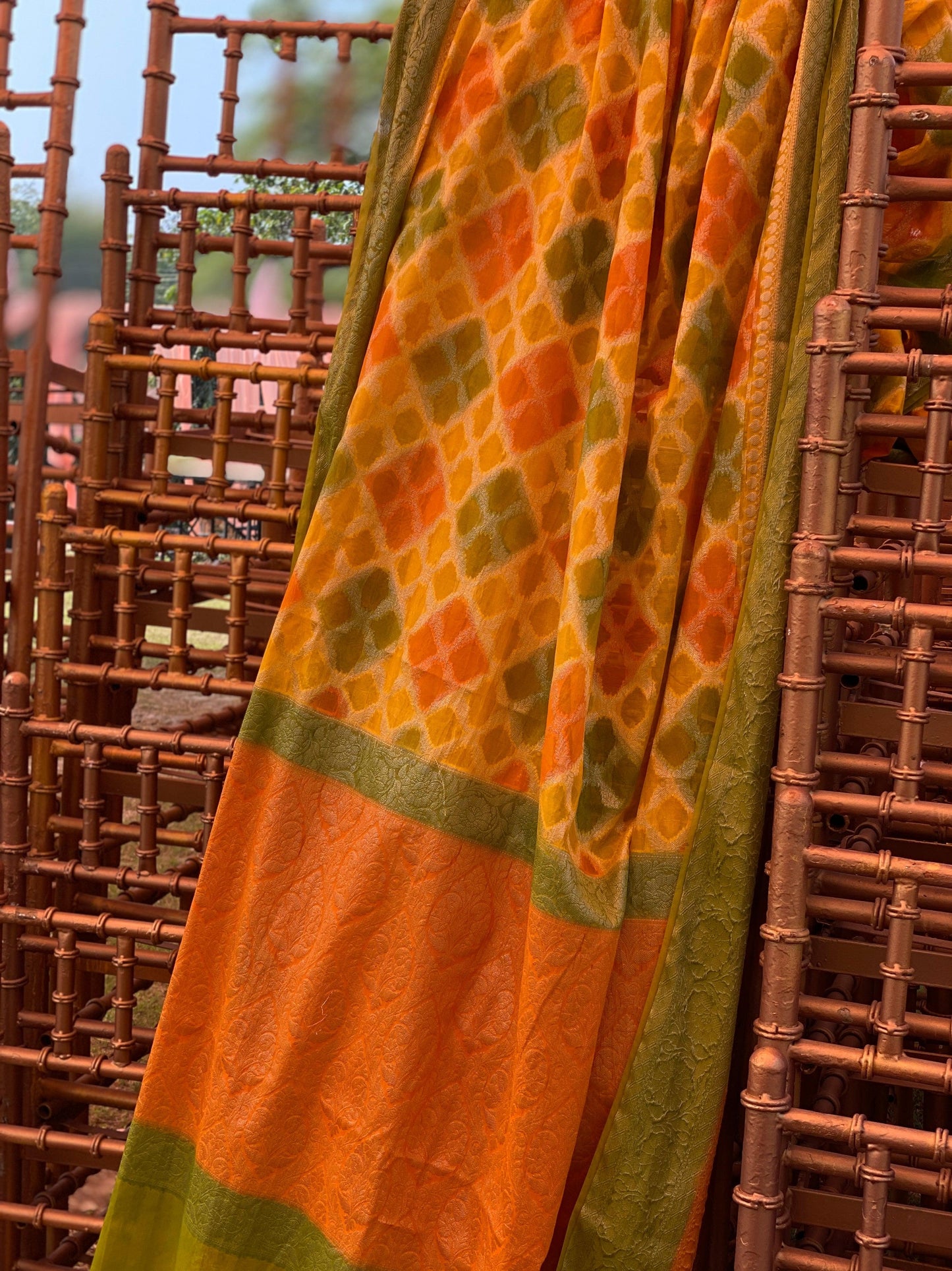 Yellow & Green Pure Banarasi Khaddi Georgette Handloom Leheriya Saree by Shades Of Benares - banarasi - banarasi saree shop