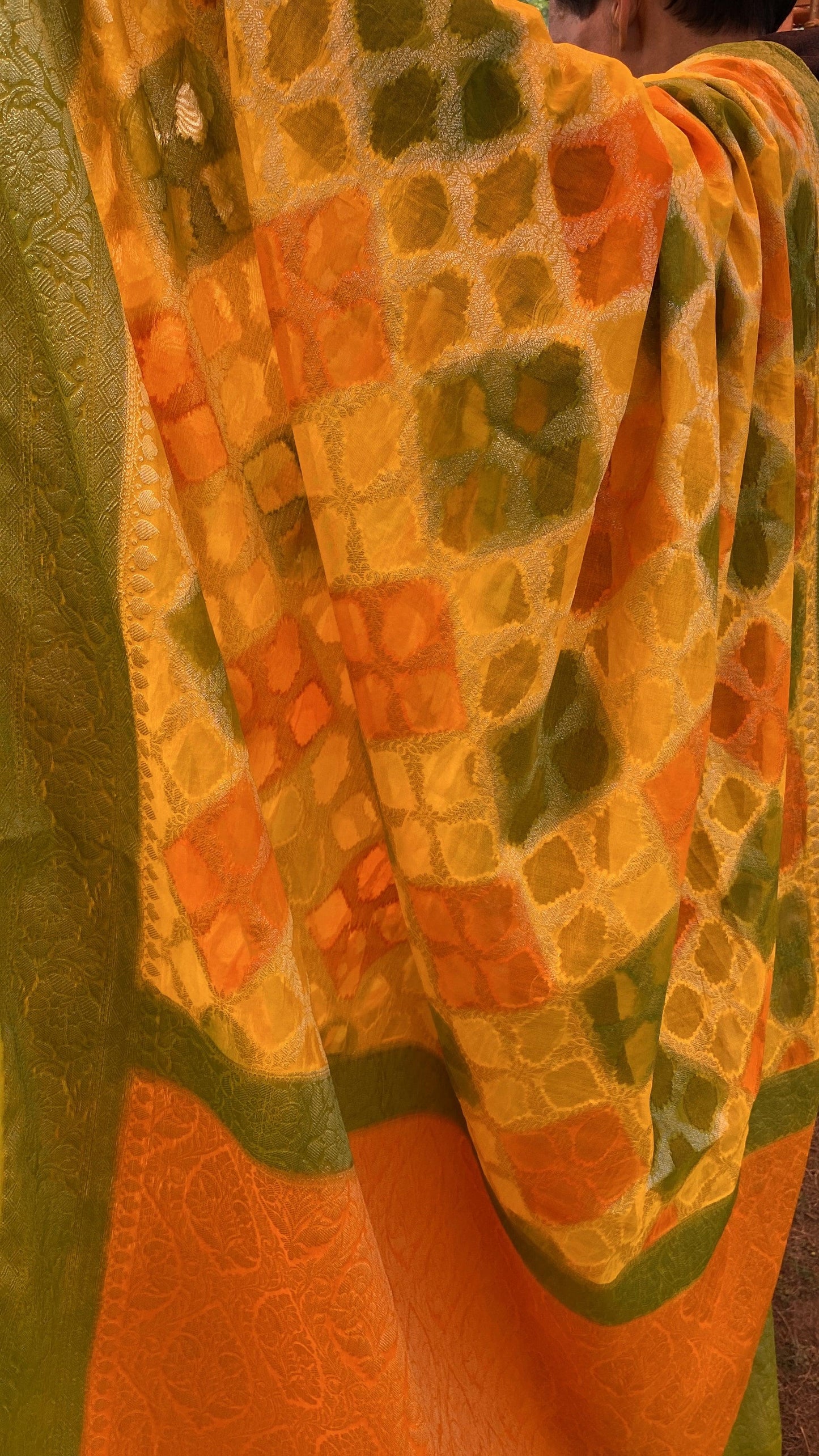 Yellow & Green Pure Banarasi Khaddi Georgette Handloom Leheriya Saree by Shades Of Benares - banarasi - banarasi saree shop