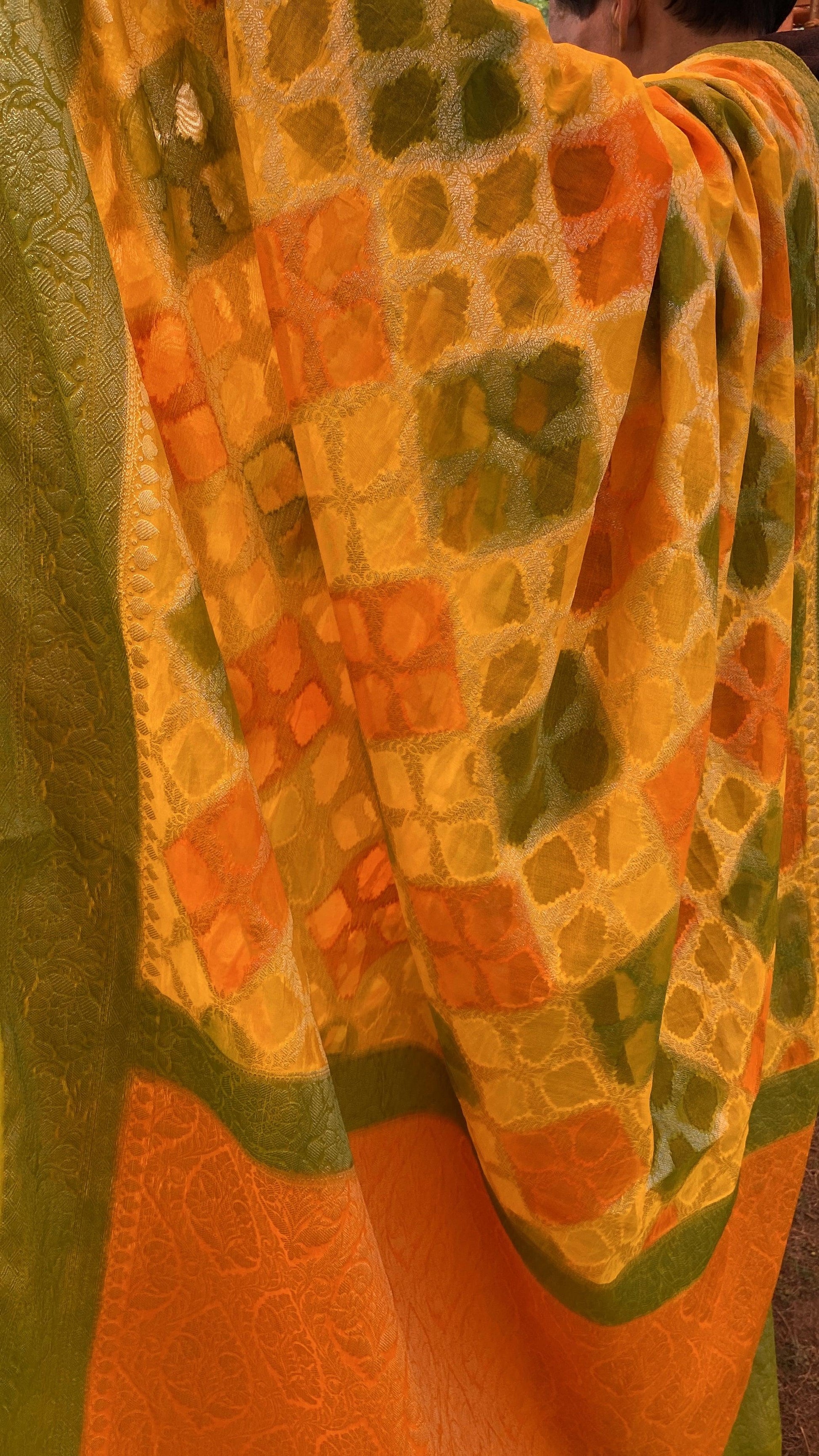 Yellow & Green Pure Banarasi Khaddi Georgette Handloom Leheriya Saree by Shades Of Benares - banarasi - banarasi saree shop