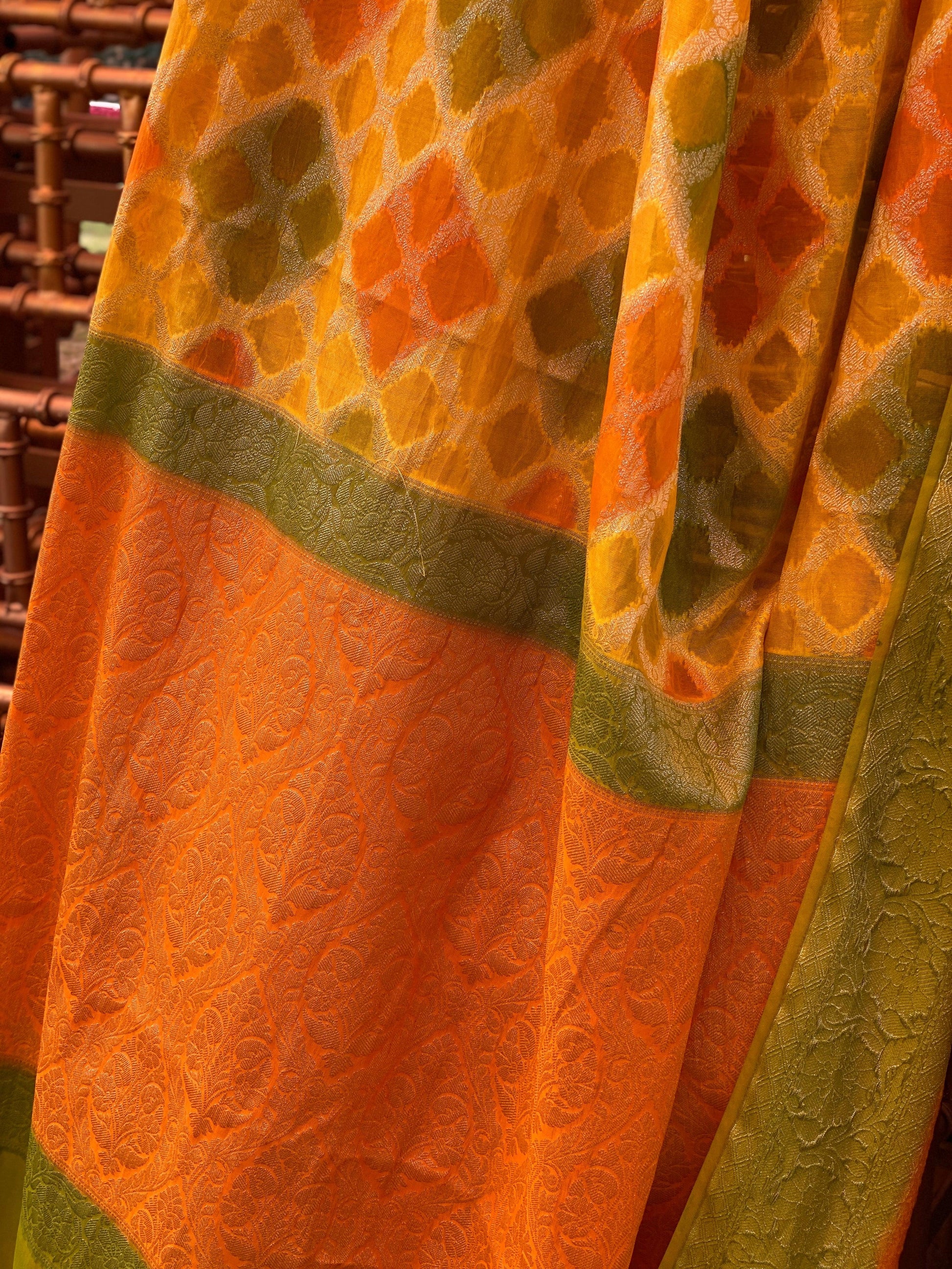 Yellow & Green Pure Banarasi Khaddi Georgette Handloom Leheriya Saree by Shades Of Benares - banarasi - banarasi saree shop