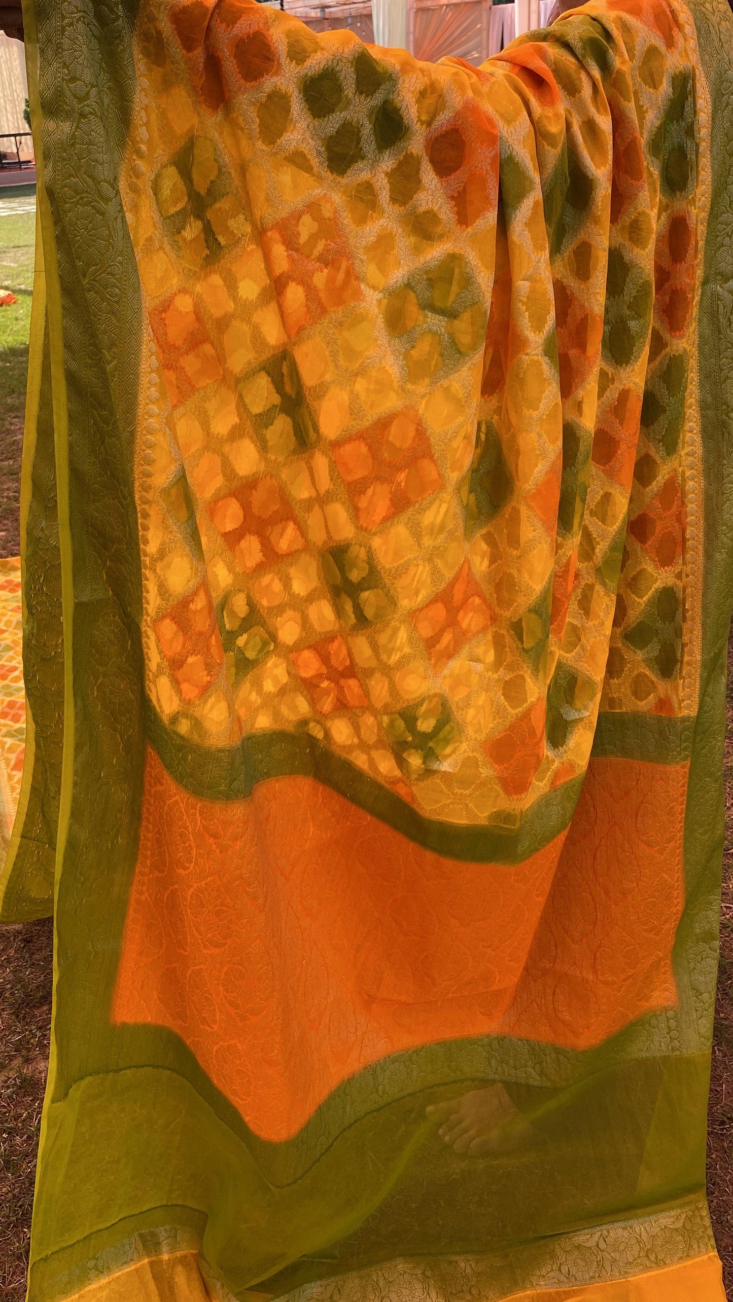 Yellow & Green Pure Banarasi Khaddi Georgette Handloom Leheriya Saree by Shades Of Benares - banarasi - banarasi saree shop