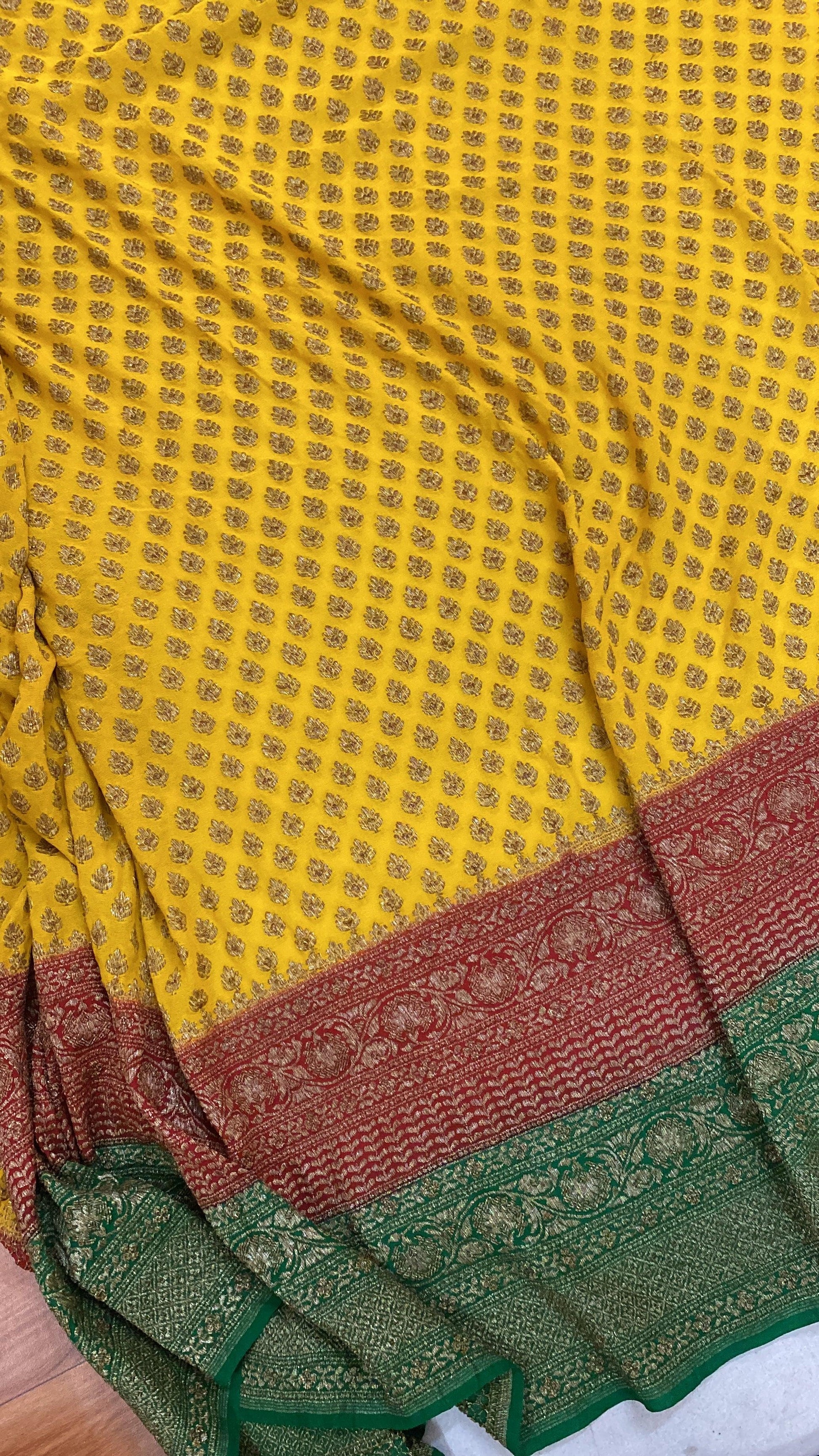 Yellow & Green Pure Banarasi Khaddi Georgette Handloom Saree by Shades Of Benares - banarasi - banarasi saree shop