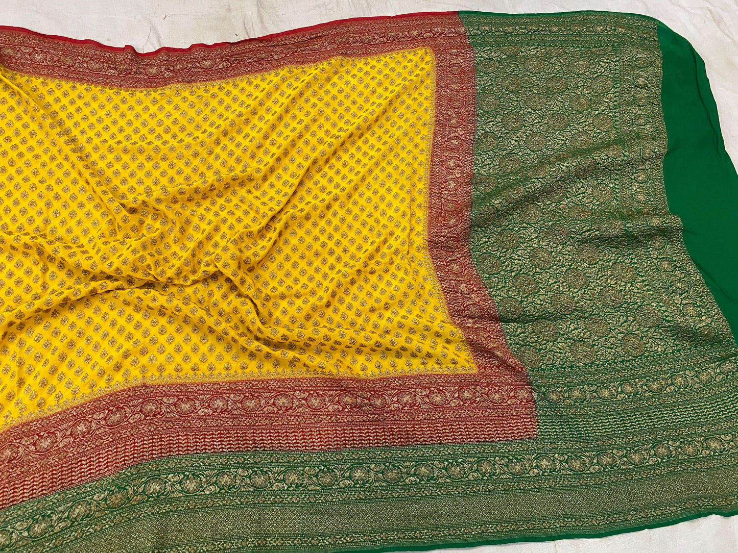 Yellow & Green Pure Banarasi Khaddi Georgette Handloom Saree by Shades Of Benares - banarasi - banarasi saree shop