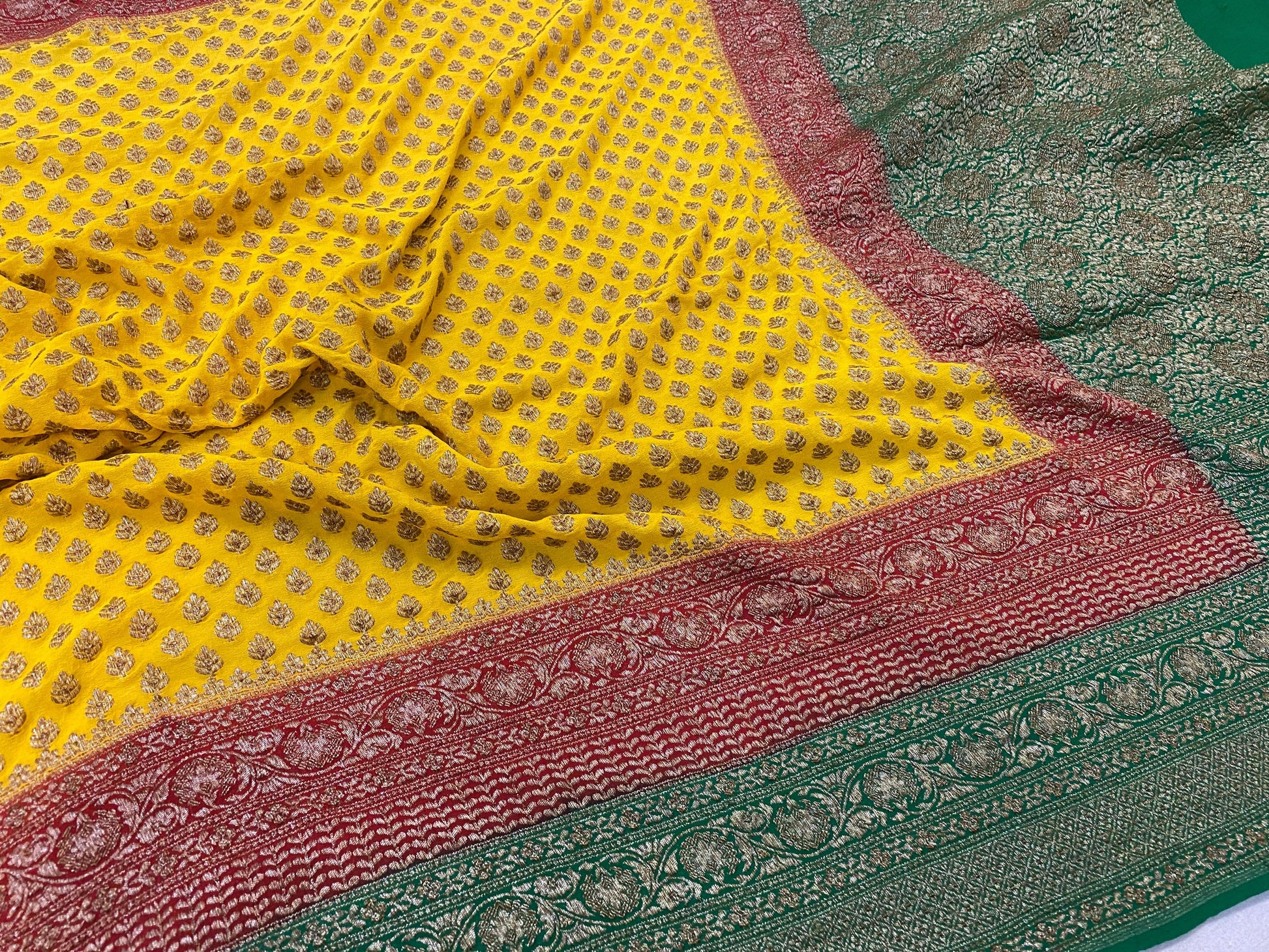 Yellow & Green Pure Banarasi Khaddi Georgette Handloom Saree by Shades Of Benares - banarasi - banarasi saree shop