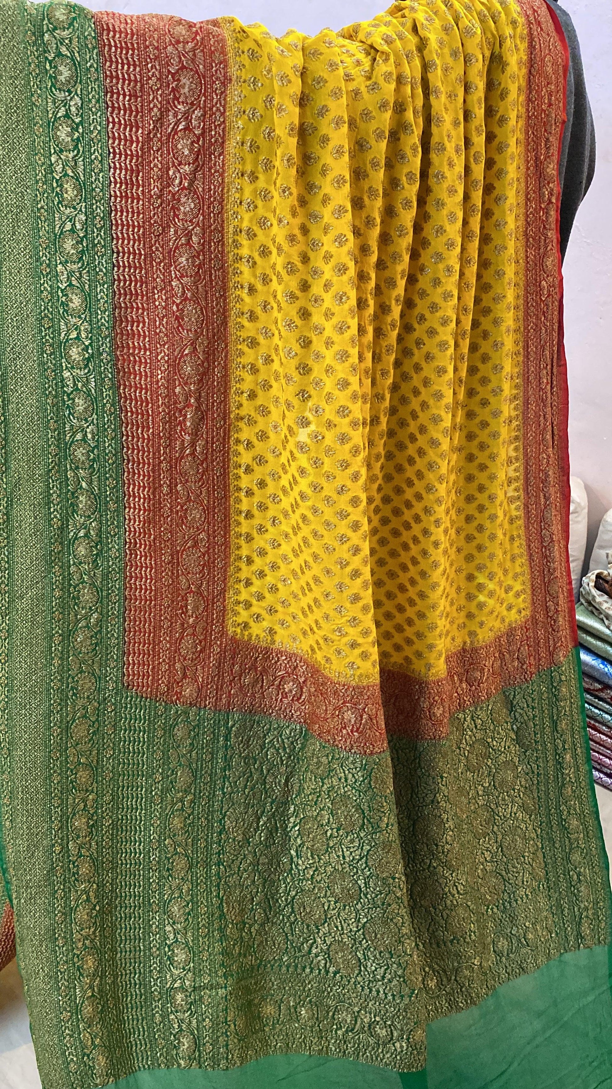 Yellow & Green Pure Banarasi Khaddi Georgette Handloom Saree by Shades Of Benares - banarasi - banarasi saree shop