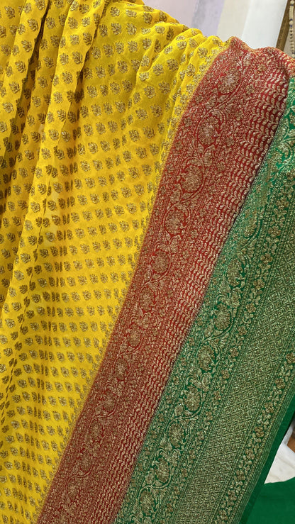 Yellow & Green Pure Banarasi Khaddi Georgette Handloom Saree by Shades Of Benares - banarasi - banarasi saree shop