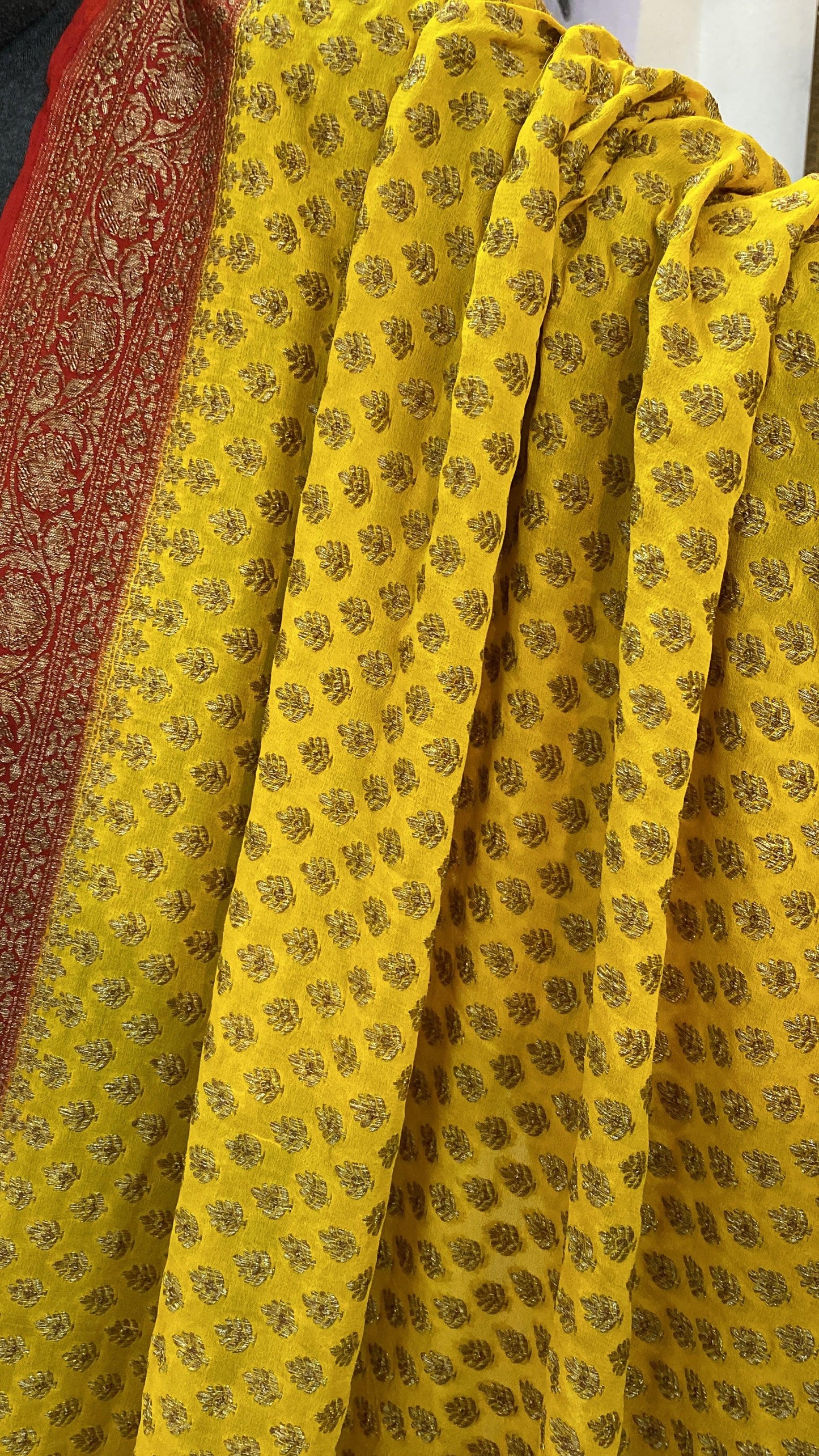 Yellow & Green Pure Banarasi Khaddi Georgette Handloom Saree by Shades Of Benares - banarasi - banarasi saree shop