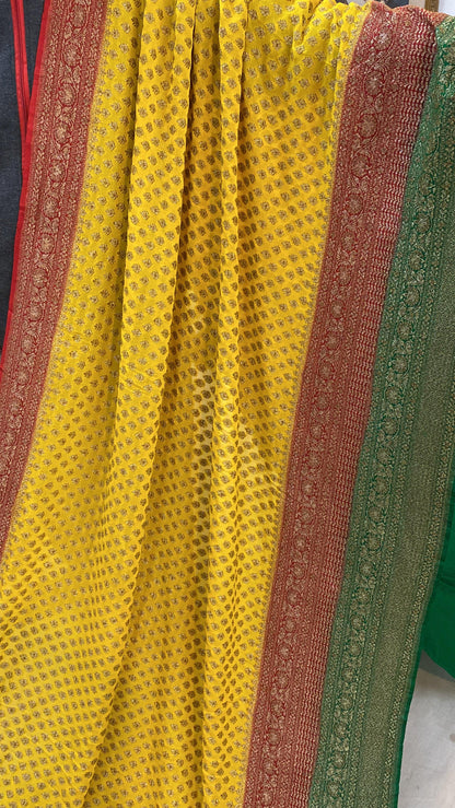 Yellow & Green Pure Banarasi Khaddi Georgette Handloom Saree by Shades Of Benares - banarasi - banarasi saree shop