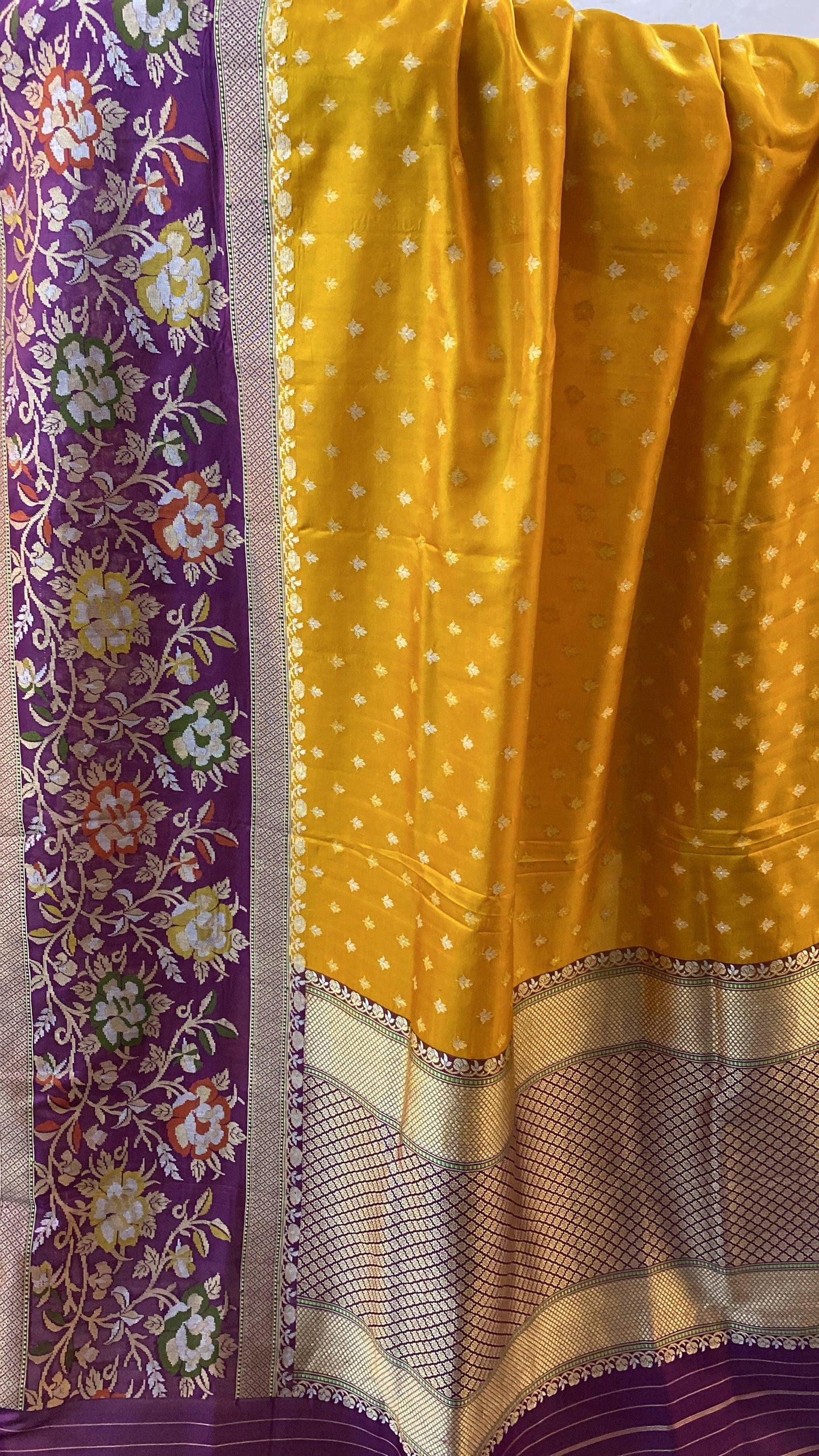 Yellow & Purple Pure Banarasi Katan Silk Handloom Saree by Shades Of Benares - banarasi - banarasi saree shop