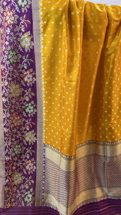 Yellow & Purple Pure Banarasi Katan Silk Handloom Saree by Shades Of Benares - banarasi - banarasi saree shop