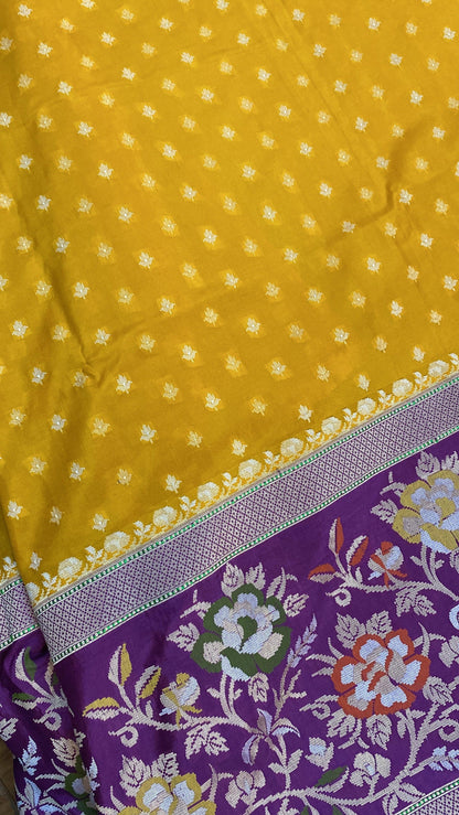 Yellow & Purple Pure Banarasi Katan Silk Handloom Saree by Shades Of Benares - banarasi - banarasi saree shop