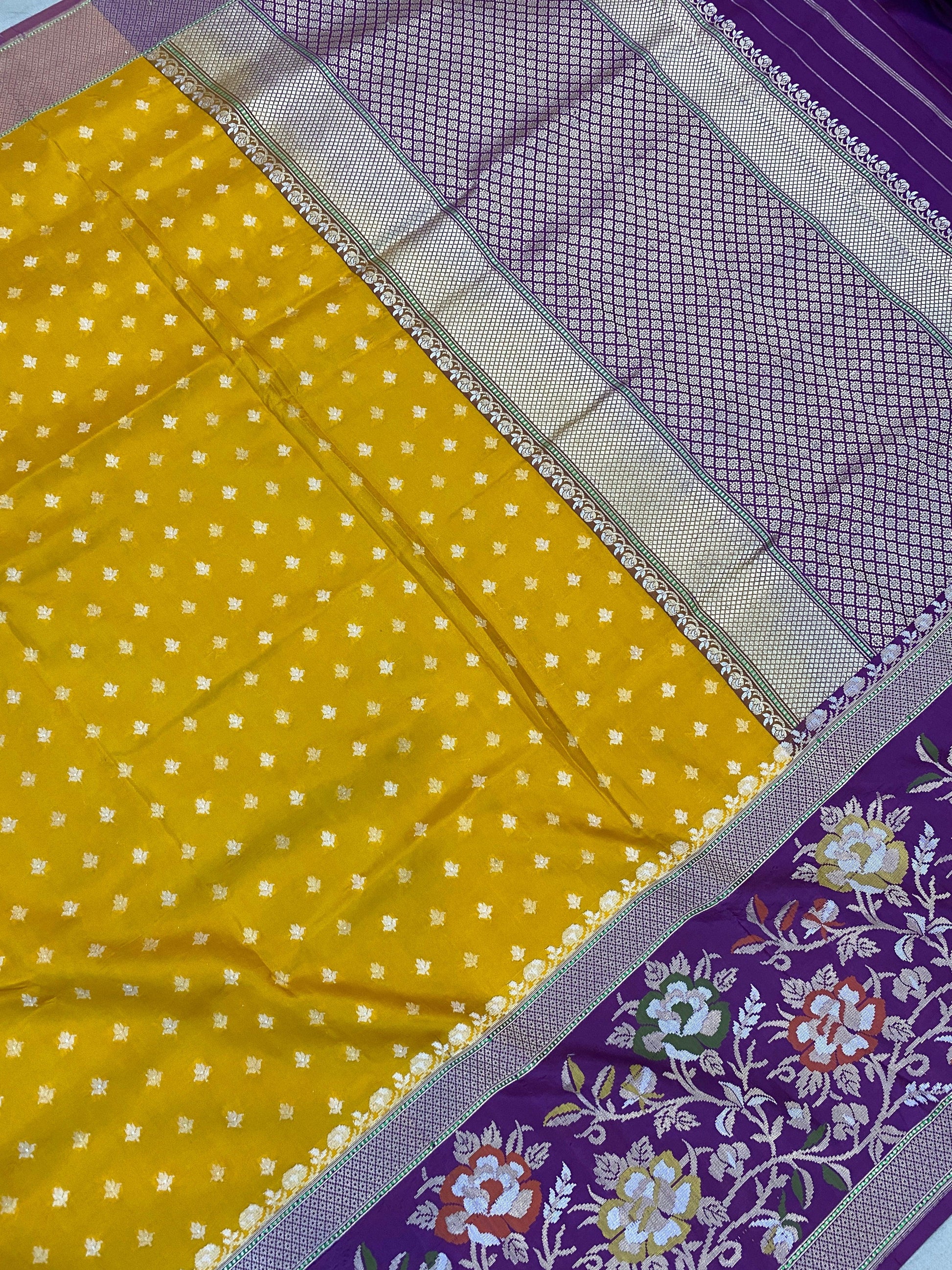 Yellow & Purple Pure Banarasi Katan Silk Handloom Saree by Shades Of Benares - banarasi - banarasi saree shop