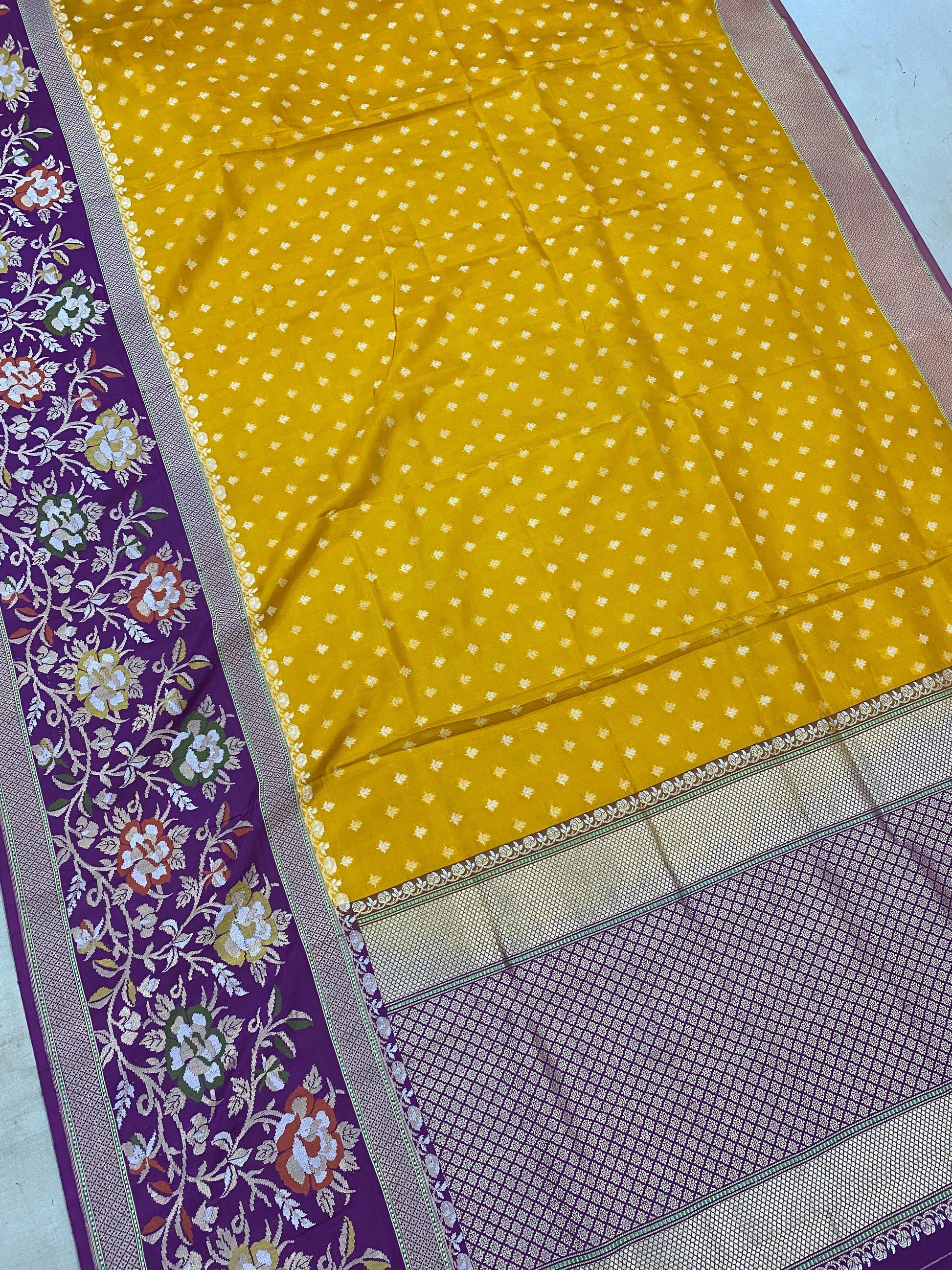 Yellow & Purple Pure Banarasi Katan Silk Handloom Saree by Shades Of Benares - banarasi - banarasi saree shop