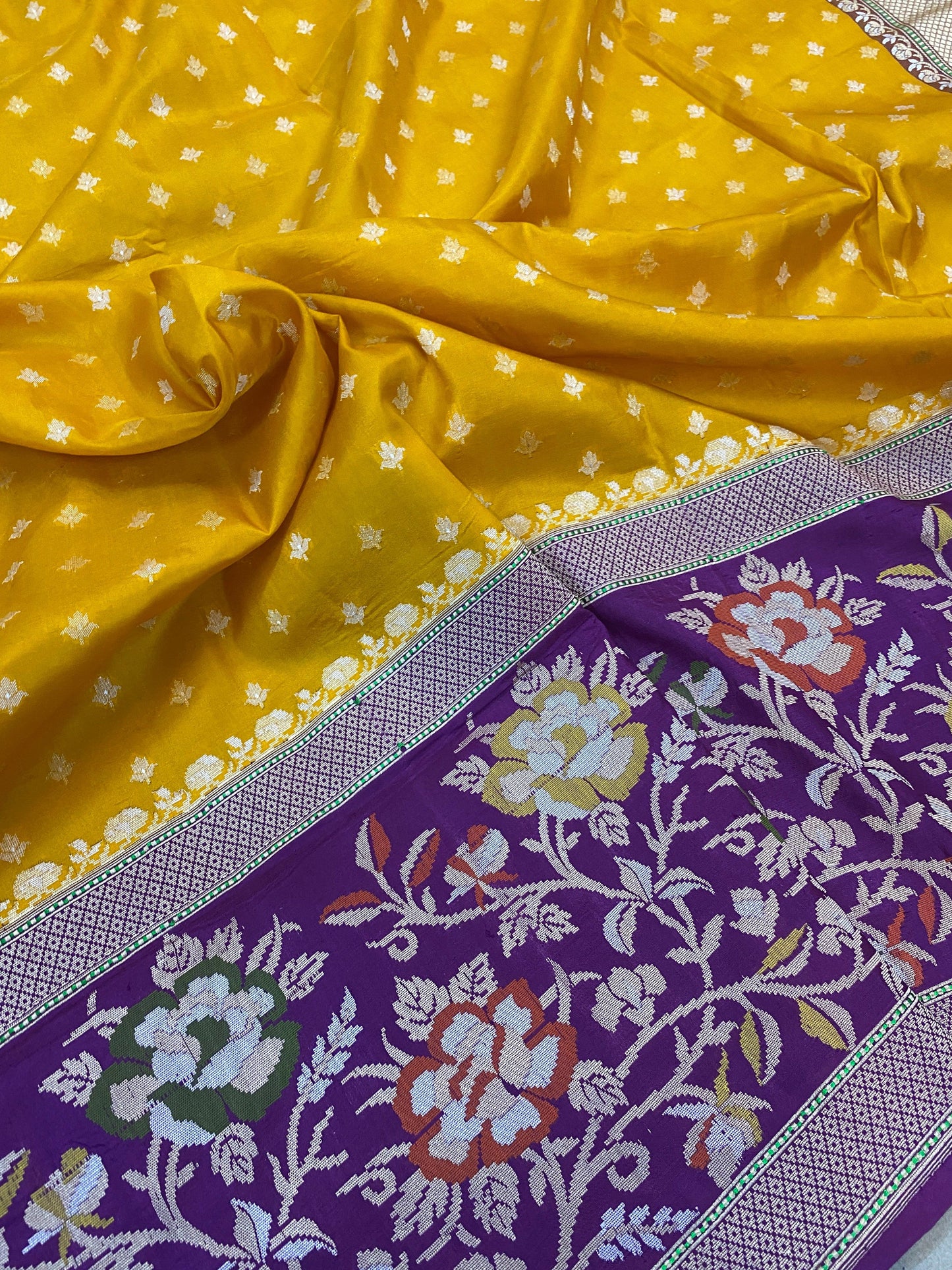 Yellow & Purple Pure Banarasi Katan Silk Handloom Saree by Shades Of Benares - banarasi - banarasi saree shop