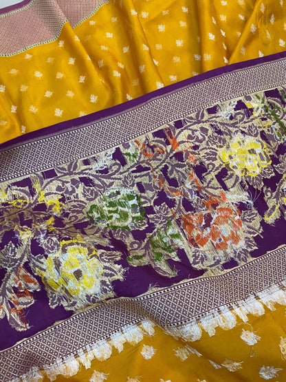 Yellow & Purple Pure Banarasi Katan Silk Handloom Saree by Shades Of Benares - banarasi - banarasi saree shop