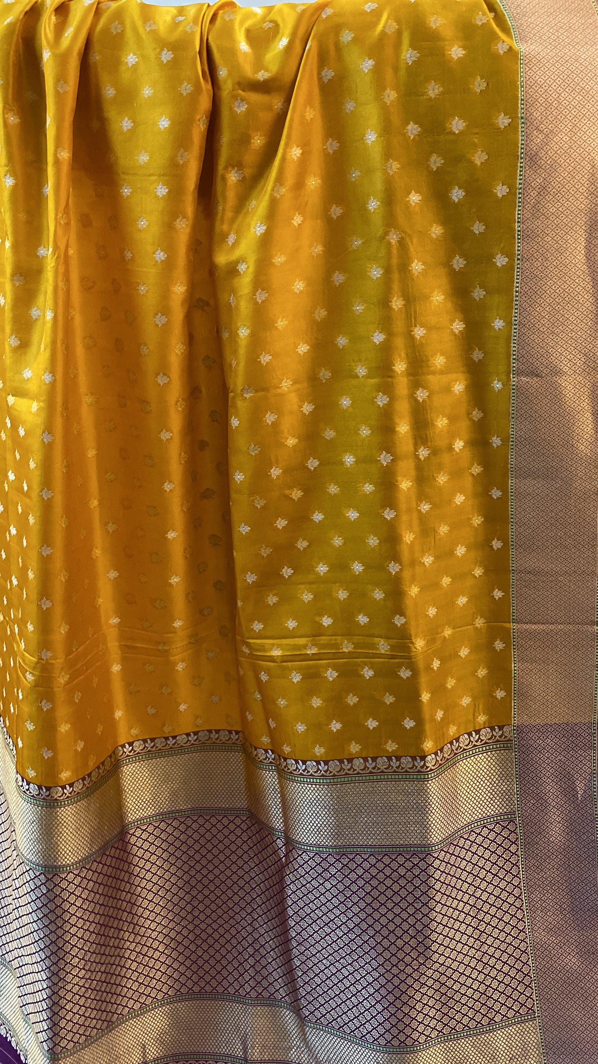 Yellow & Purple Pure Banarasi Katan Silk Handloom Saree by Shades Of Benares - banarasi - banarasi saree shop