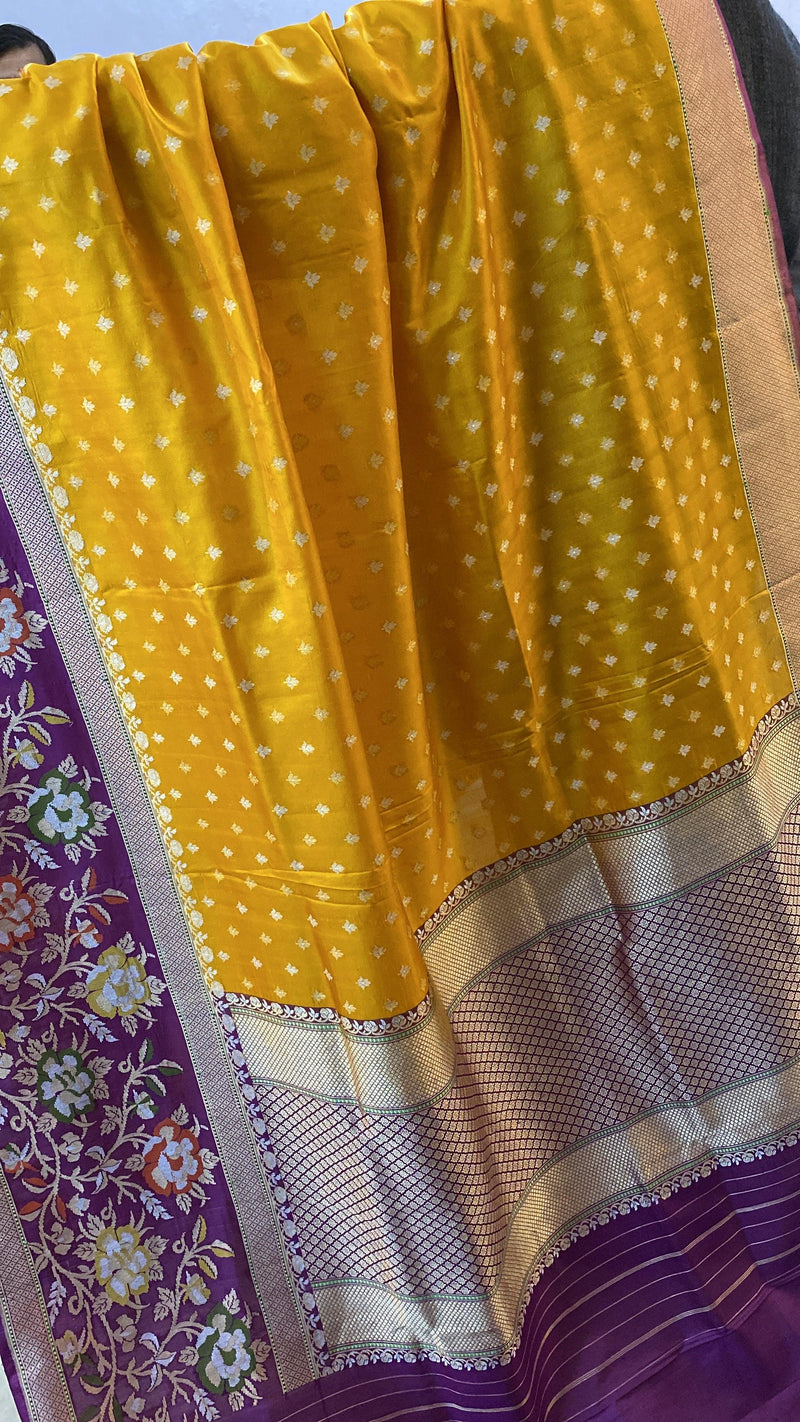 Yellow & Purple Pure Banarasi Katan Silk Handloom Saree by Shades Of Benares - banarasi - banarasi saree shop