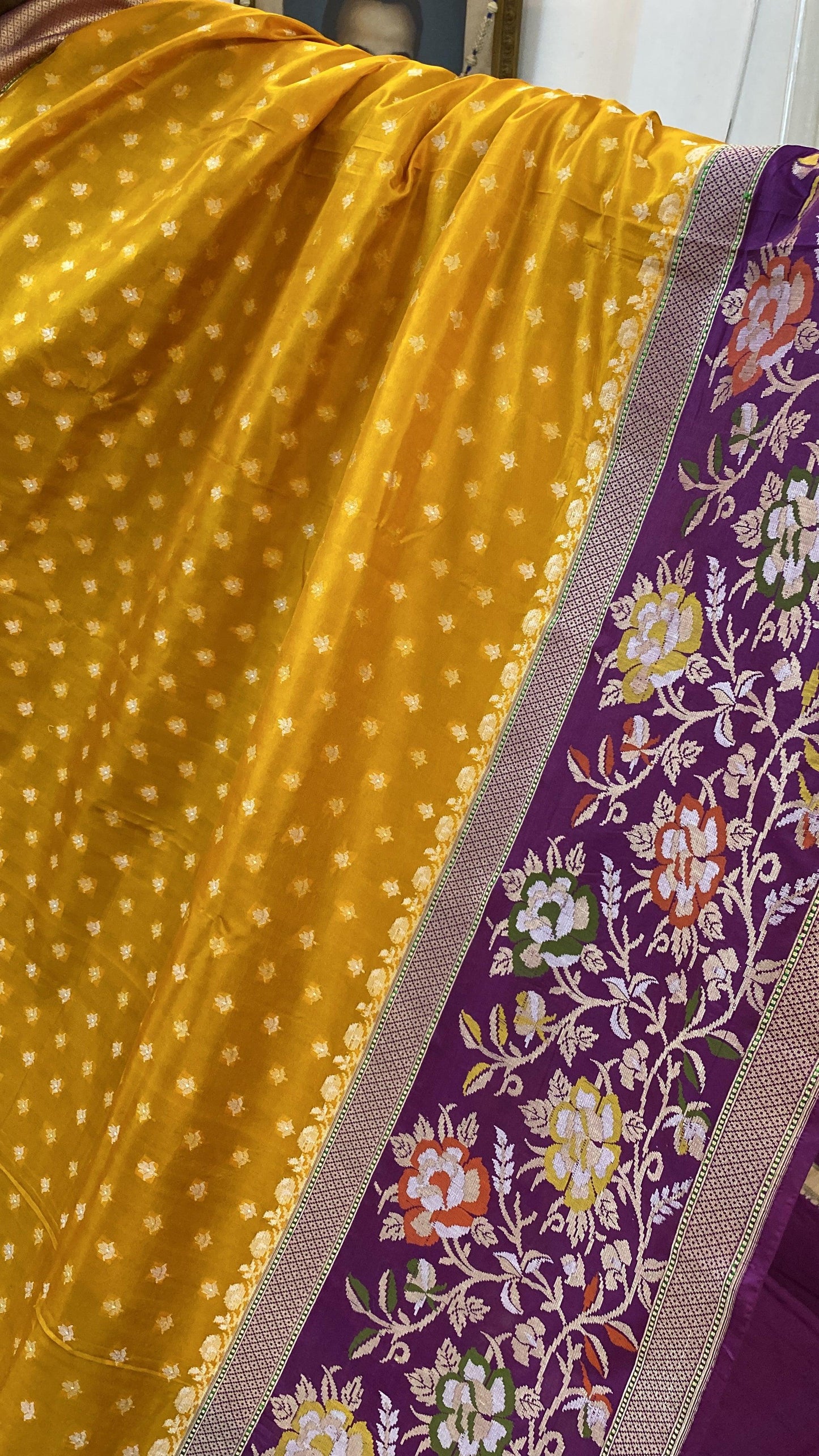 Yellow & Purple Pure Banarasi Katan Silk Handloom Saree by Shades Of Benares - banarasi - banarasi saree shop