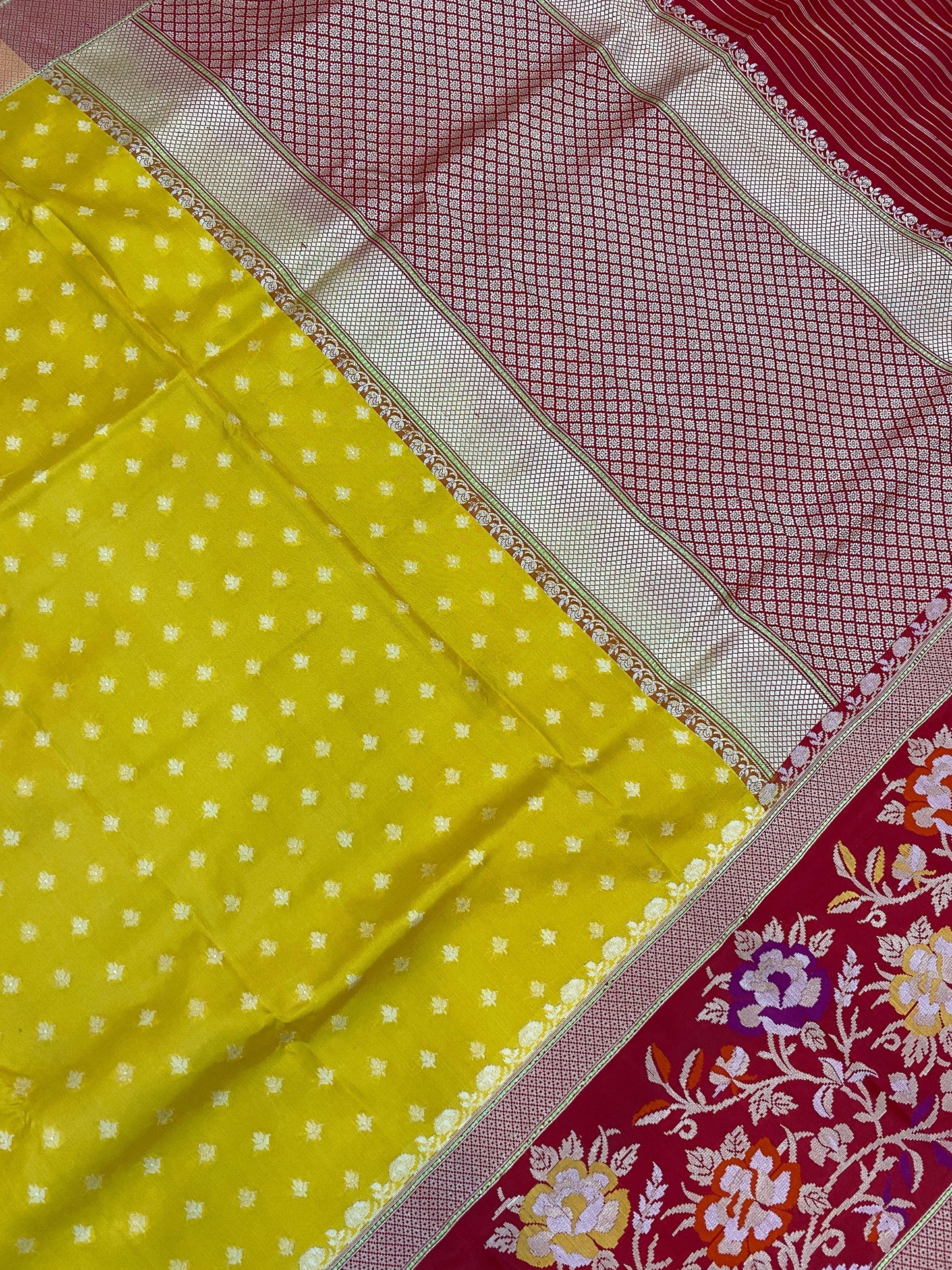 Yellow & Red Pure Banarasi Katan Silk Handloom Saree by Shades Of Benares - banarasi - banarasi saree shop