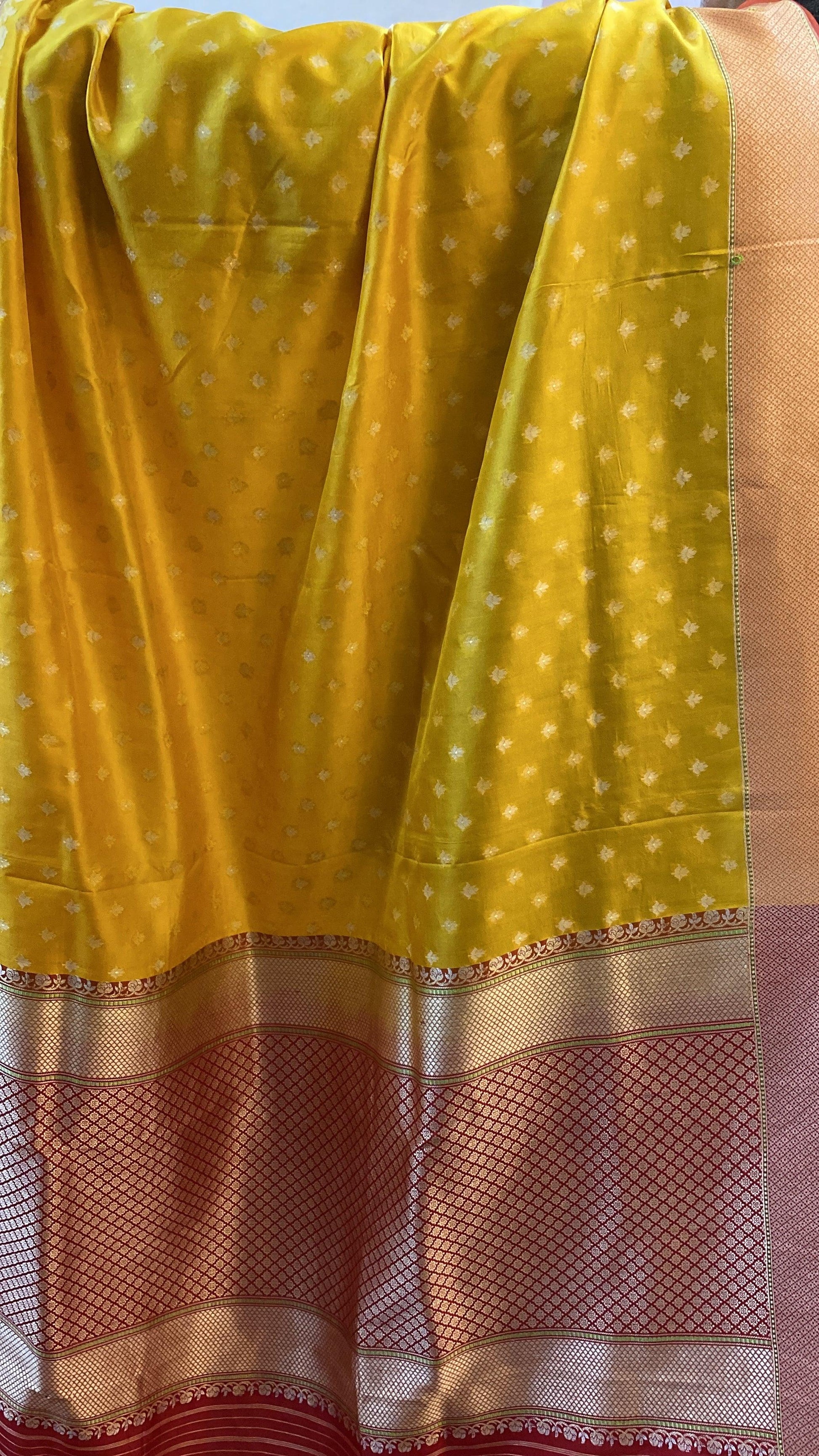 Yellow & Red Pure Banarasi Katan Silk Handloom Saree by Shades Of Benares - banarasi - banarasi saree shop