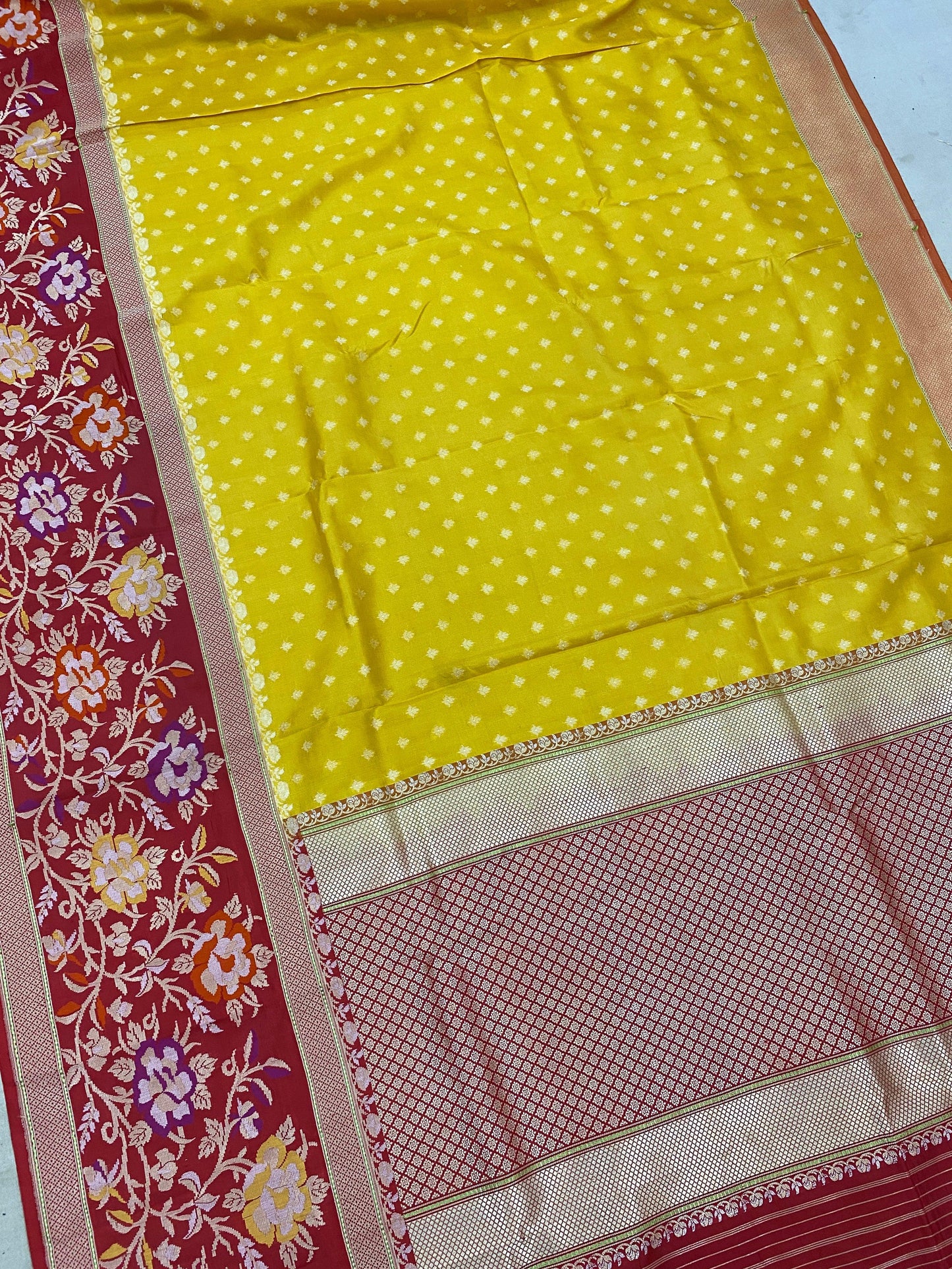 Yellow & Red Pure Banarasi Katan Silk Handloom Saree by Shades Of Benares - banarasi - banarasi saree shop