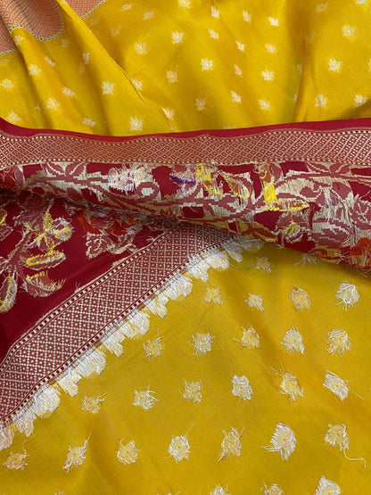 Yellow & Red Pure Banarasi Katan Silk Handloom Saree by Shades Of Benares - banarasi - banarasi saree shop