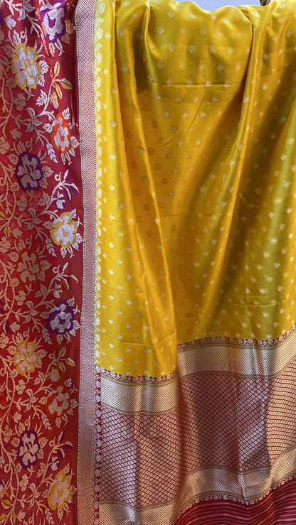 Yellow & Red Pure Banarasi Katan Silk Handloom Saree by Shades Of Benares - banarasi - banarasi saree shop