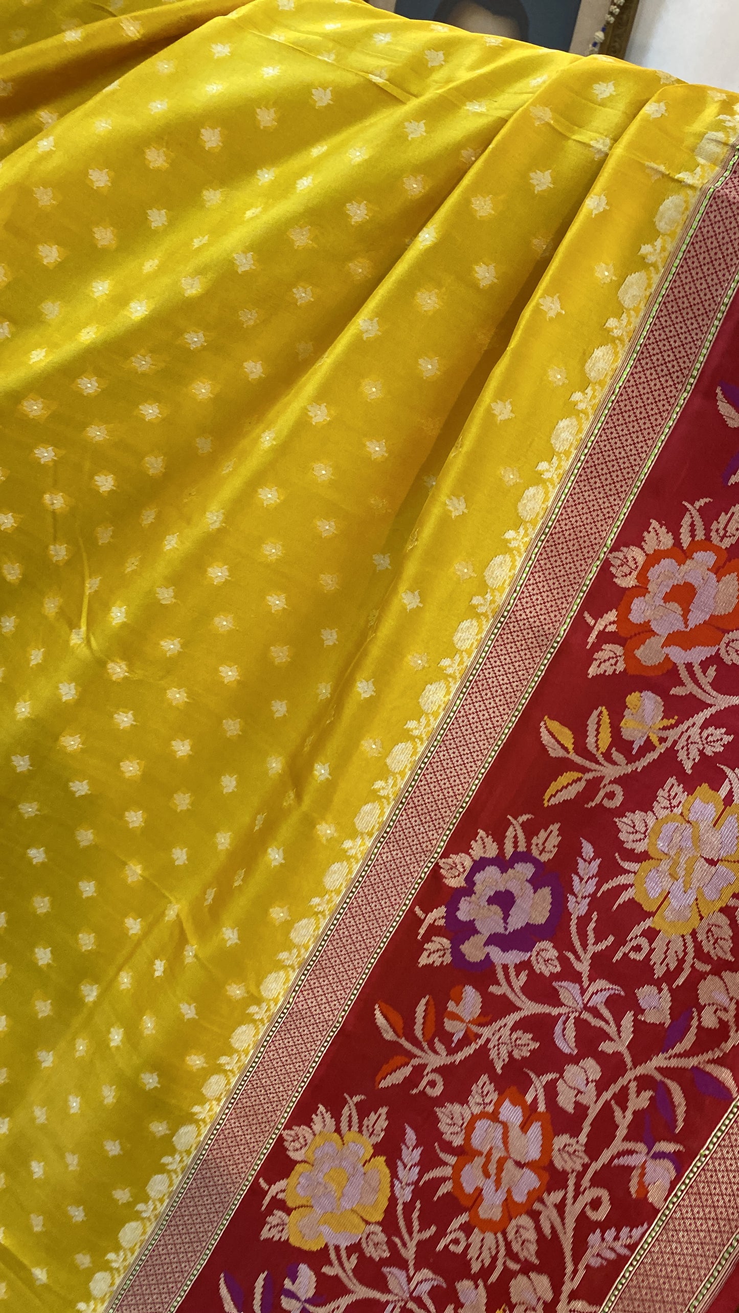 Yellow & Red Pure Banarasi Katan Silk Handloom Saree by Shades Of Benares - banarasi - banarasi saree shop