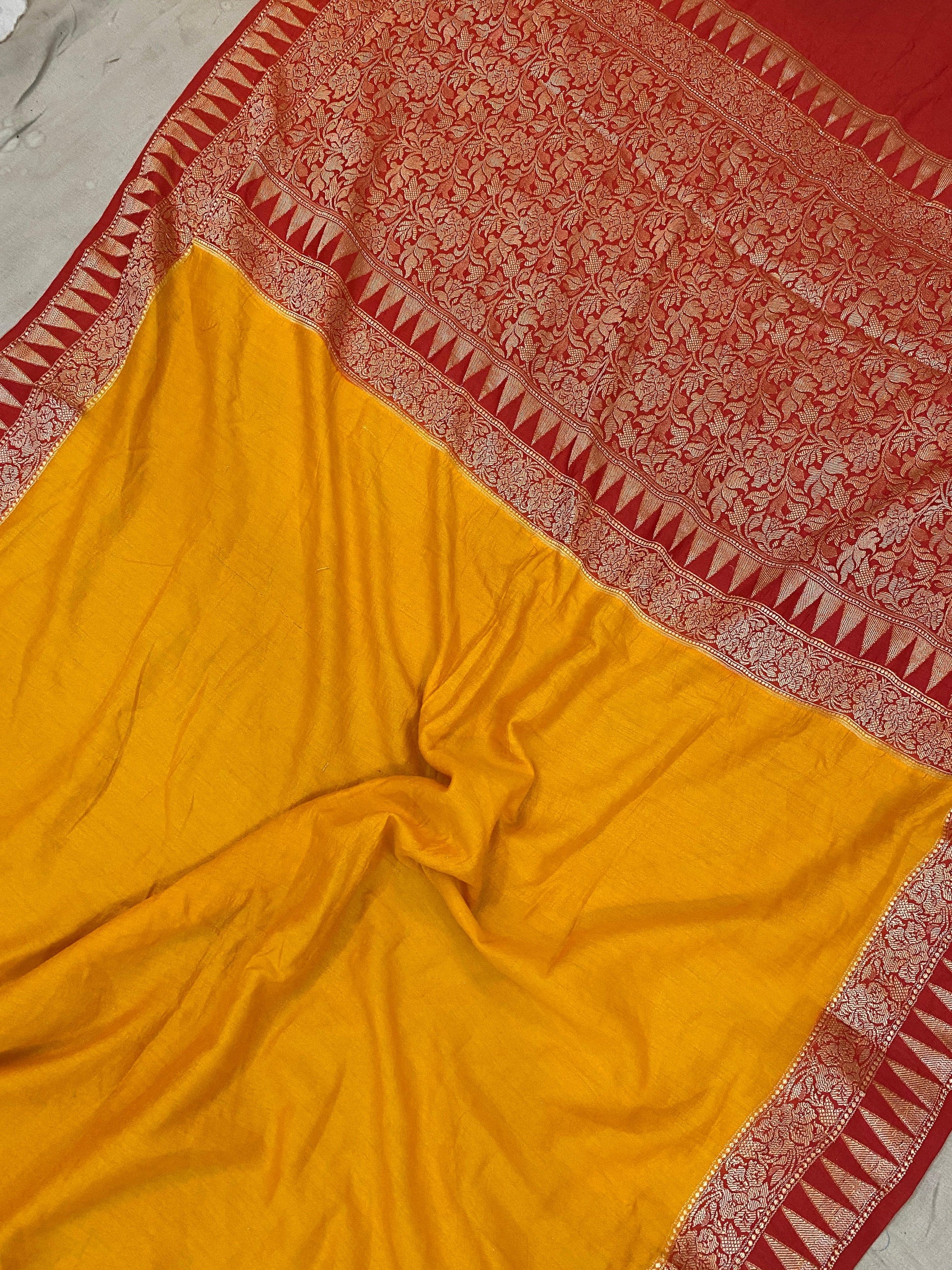 Yellow & Red Pure Banarasi Khaddi Moonga Silk Handloom Saree by Shades Of Benares - banarasi - banarasi saree shop