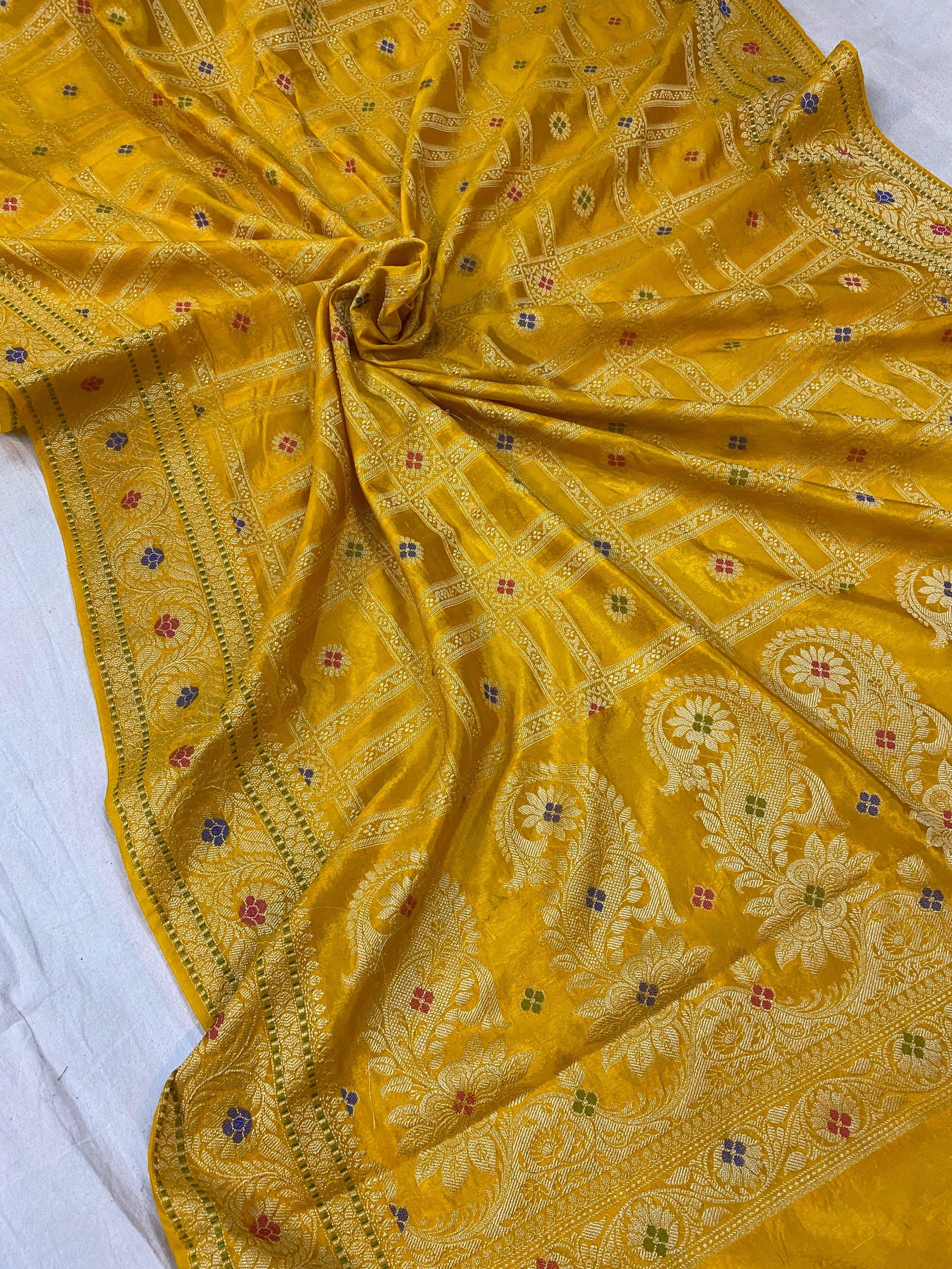 Yellow Banarasi Katan Soft Silk Handloom Saree by Shades Of Benares - banarasi - banarasi saree shop