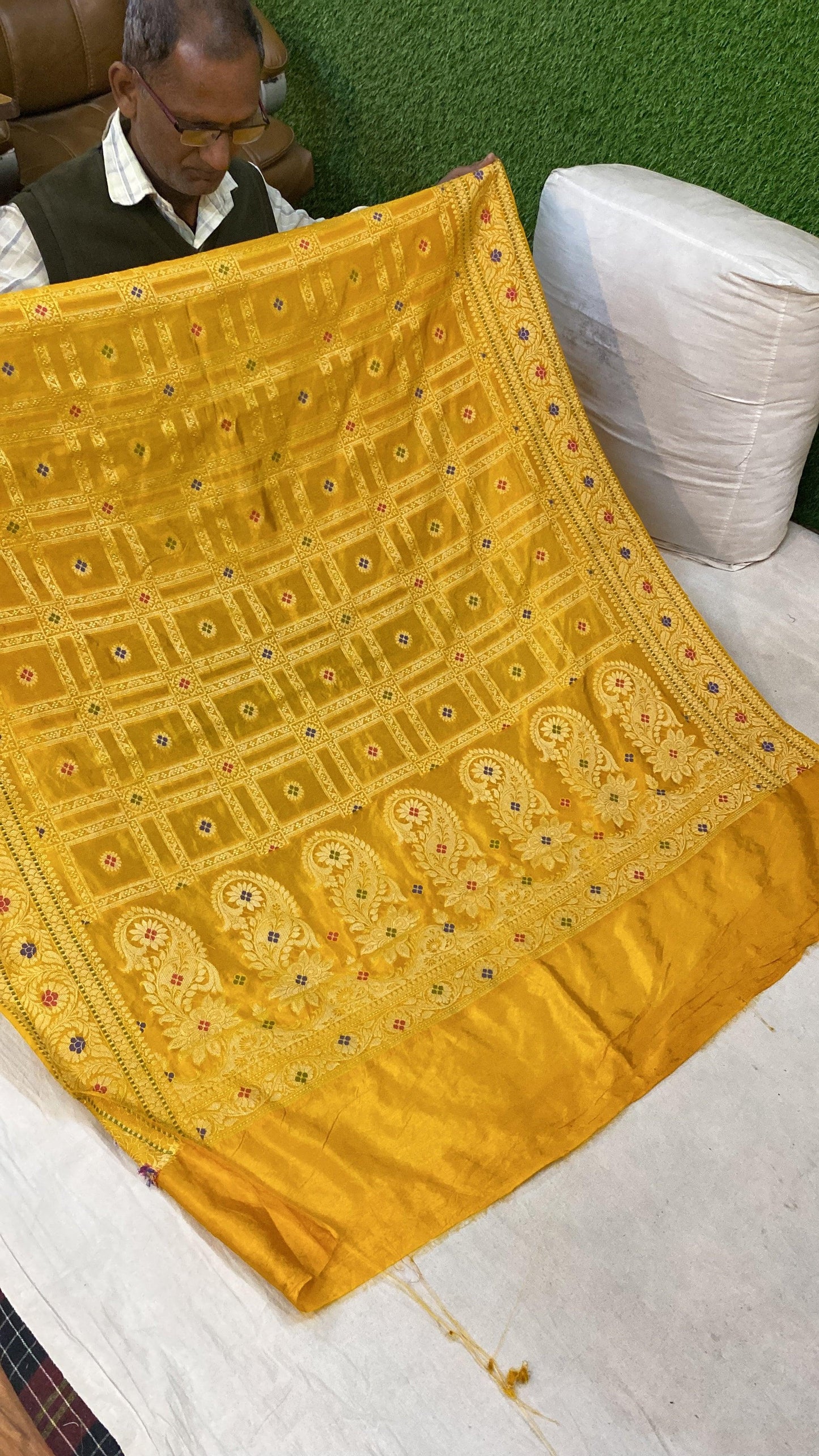 Yellow Banarasi Katan Soft Silk Handloom Saree by Shades Of Benares - banarasi - banarasi saree shop