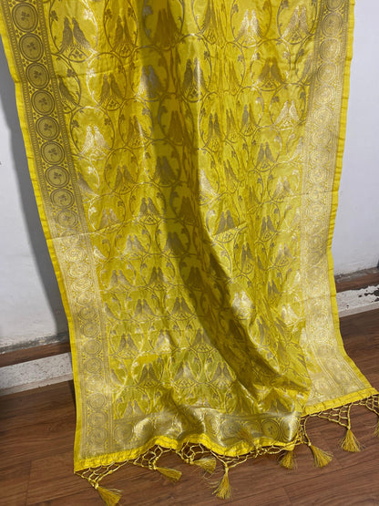 Yellow Handloom Katan Silk Banarasi Dupatta by Shades Of Benares - banarasi - banarasi saree shop