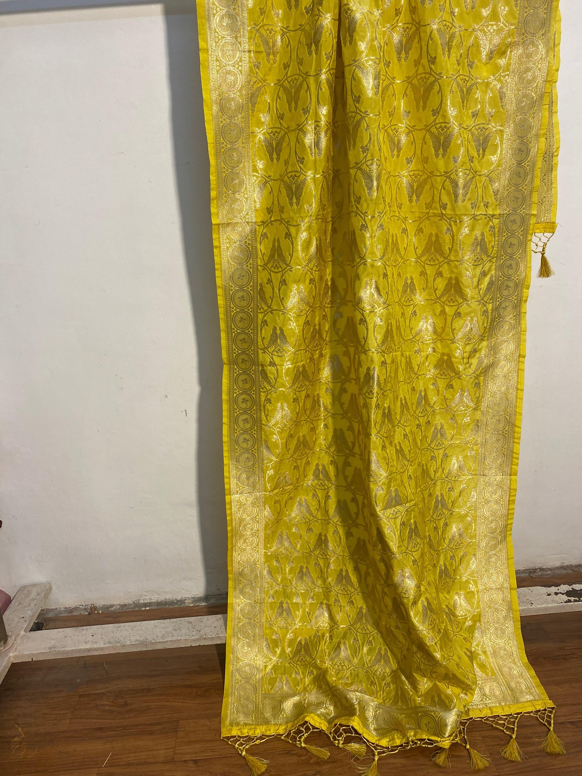 Yellow Handloom Katan Silk Banarasi Dupatta by Shades Of Benares - banarasi - banarasi saree shop