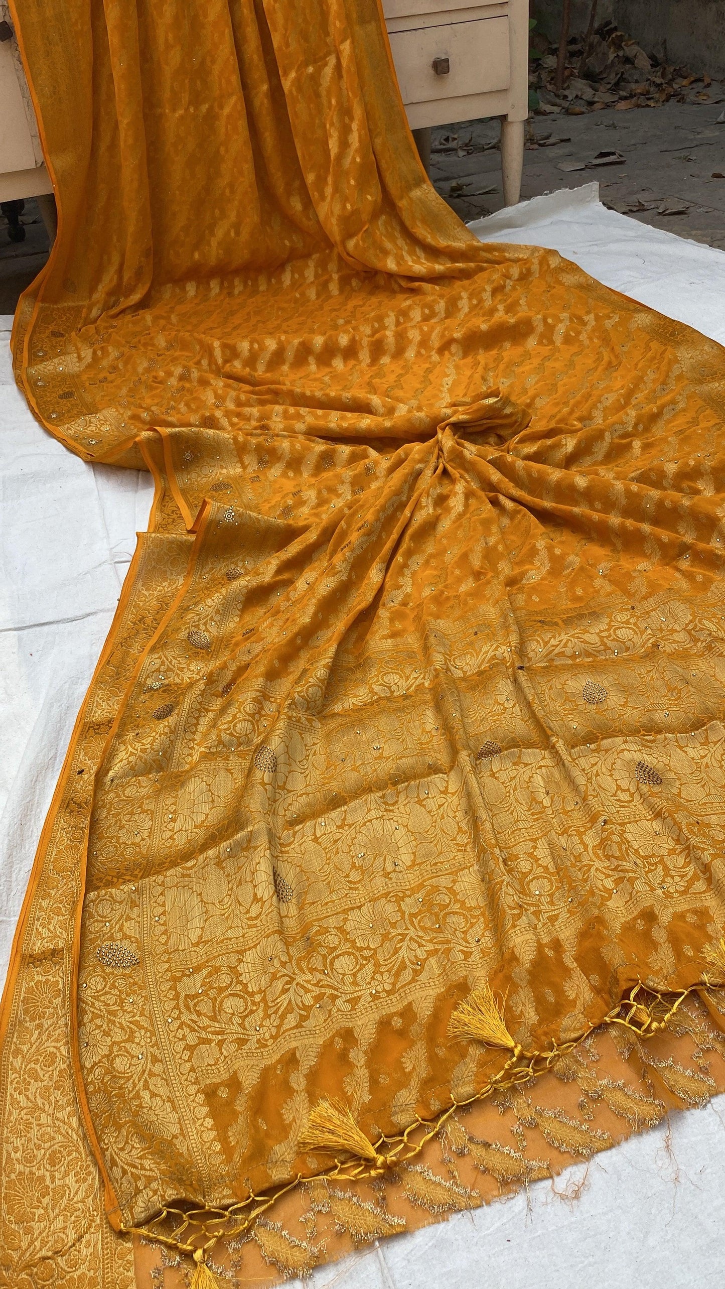 Yellow Handloom Pure Chiffon Banarasi Saree by Shades Of Benares - banarasi - banarasi saree shop